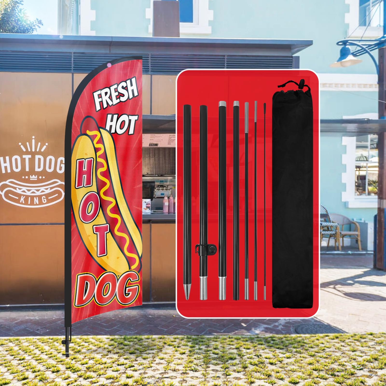 QSUM Hot Dog Feather Flag,8FT Hot Dog Advertising Swooper Flag with Pole Kit, Ground Spike,Hot Dog Signs for Businesses and Storefronts