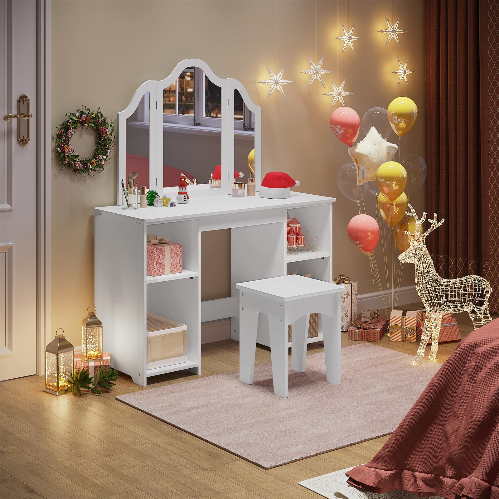 WOLTU Mesa Tocador Infantil con Taburete y Espejo Plegable, Conjunto de Tocador Maquillaje de 3 Piezas, con 4 Compartimentos, Estante Ajustable, Blanco, MDF, MB6120ws
