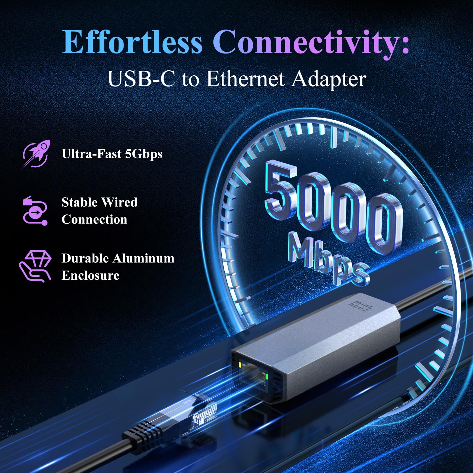 Minthouz USB-C to Ethernet Adapter 5Gbps, RJ45 to USB C 5 Gigabit LAN Network Adapter, Grey Aluminum Case Ethernet to USB Network Dongle Compatible with Laptops, Computers, MacBook, Surface and More