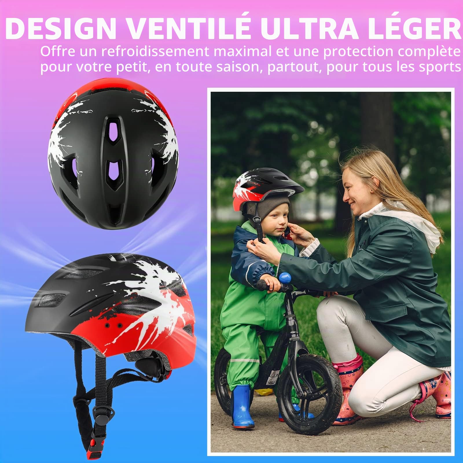 Casque de vélo Enfants 4-15 Ans léger avec feu arrière Cadran réglable visière Amovible 48-56 cm