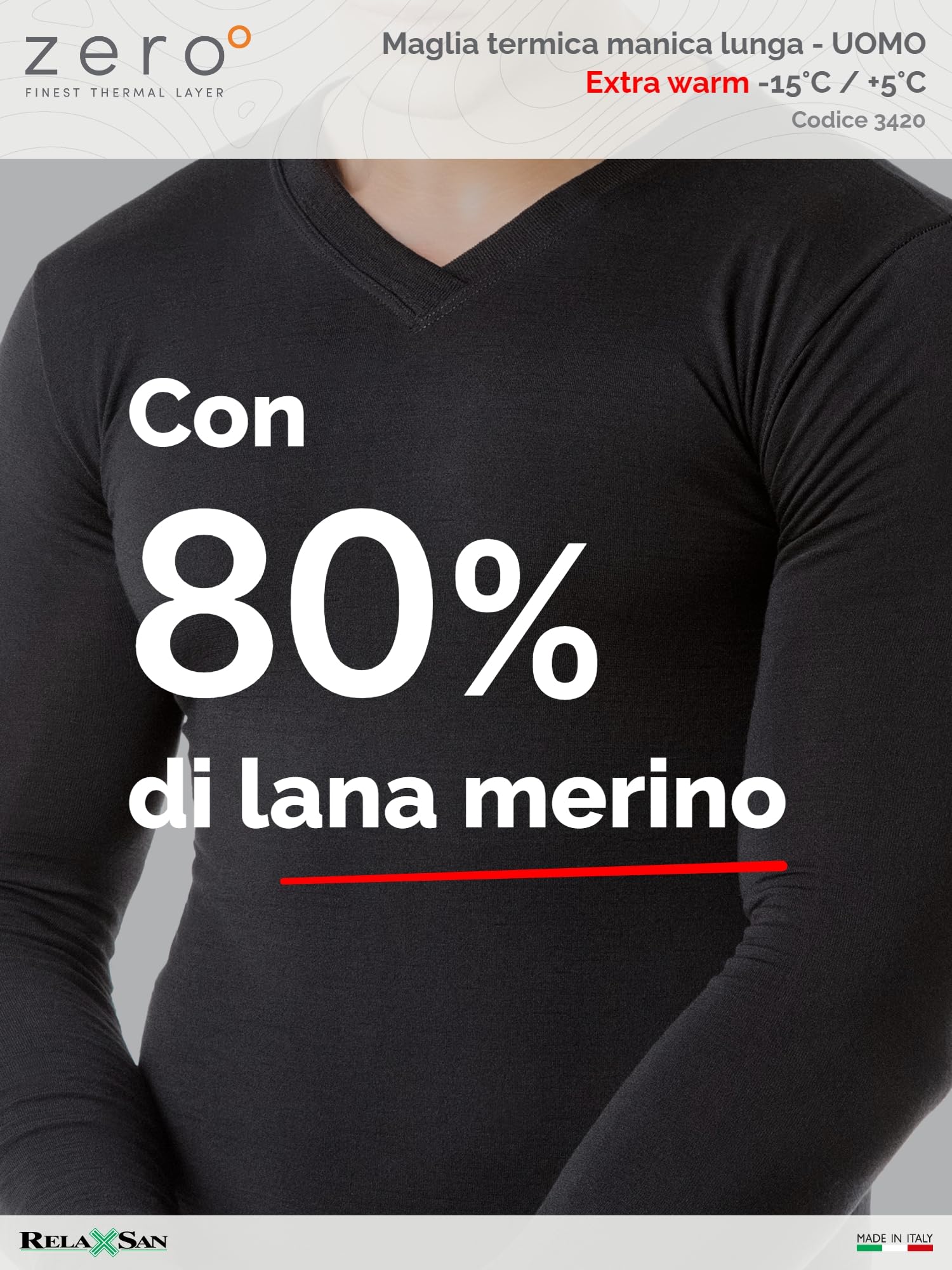 Relaxsan Zero Maglia Termica Uomo Manica Lunga, con Lana Merino, Made in Italy, cod. 3020