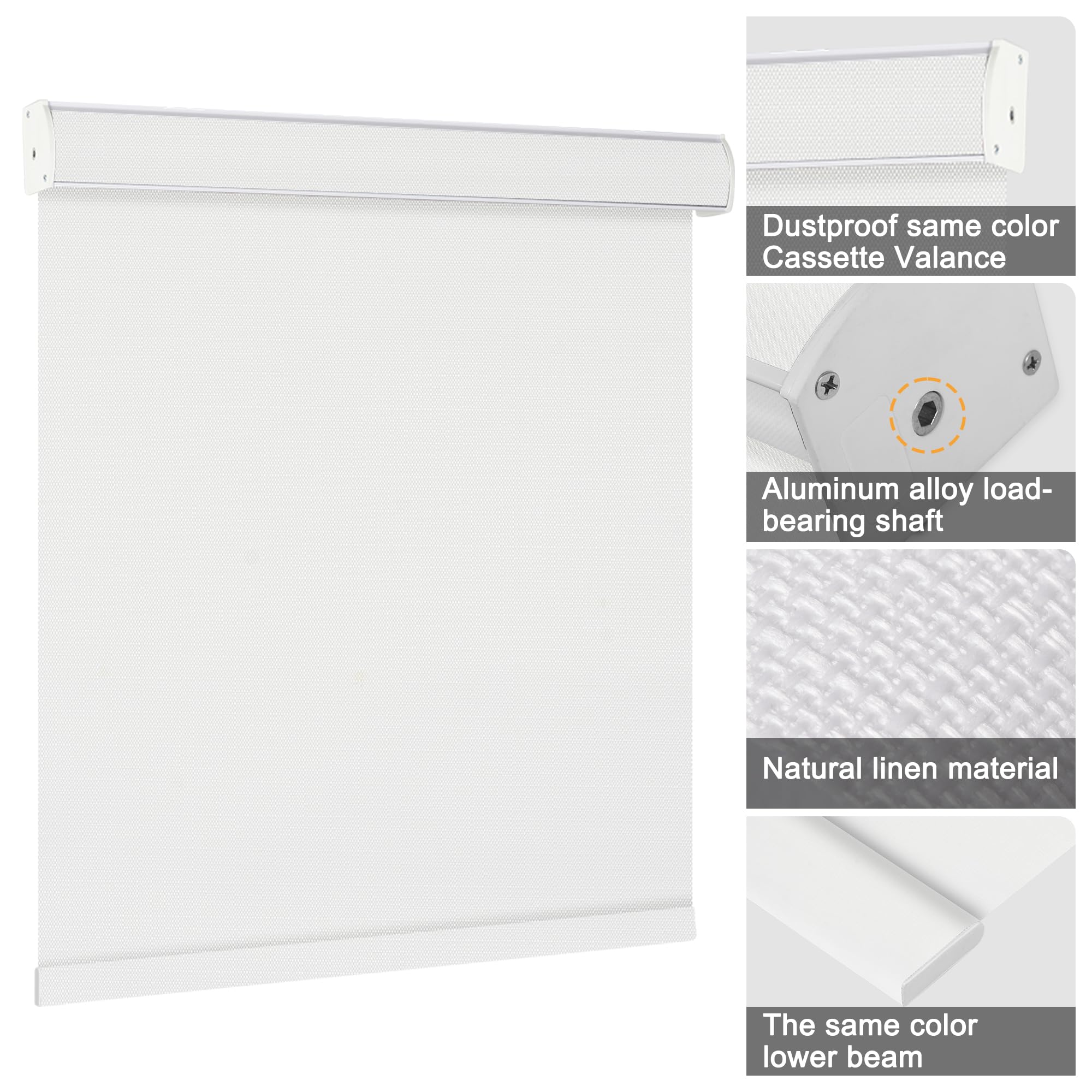 Tende oscuranti a rullo per finestre, senza fili, in tessuto di lino, oscuranti, con mantovana a cassetta, isolamento termico, per porte di casa, 66 x 182,9 cm (larghezza x altezza), bianco