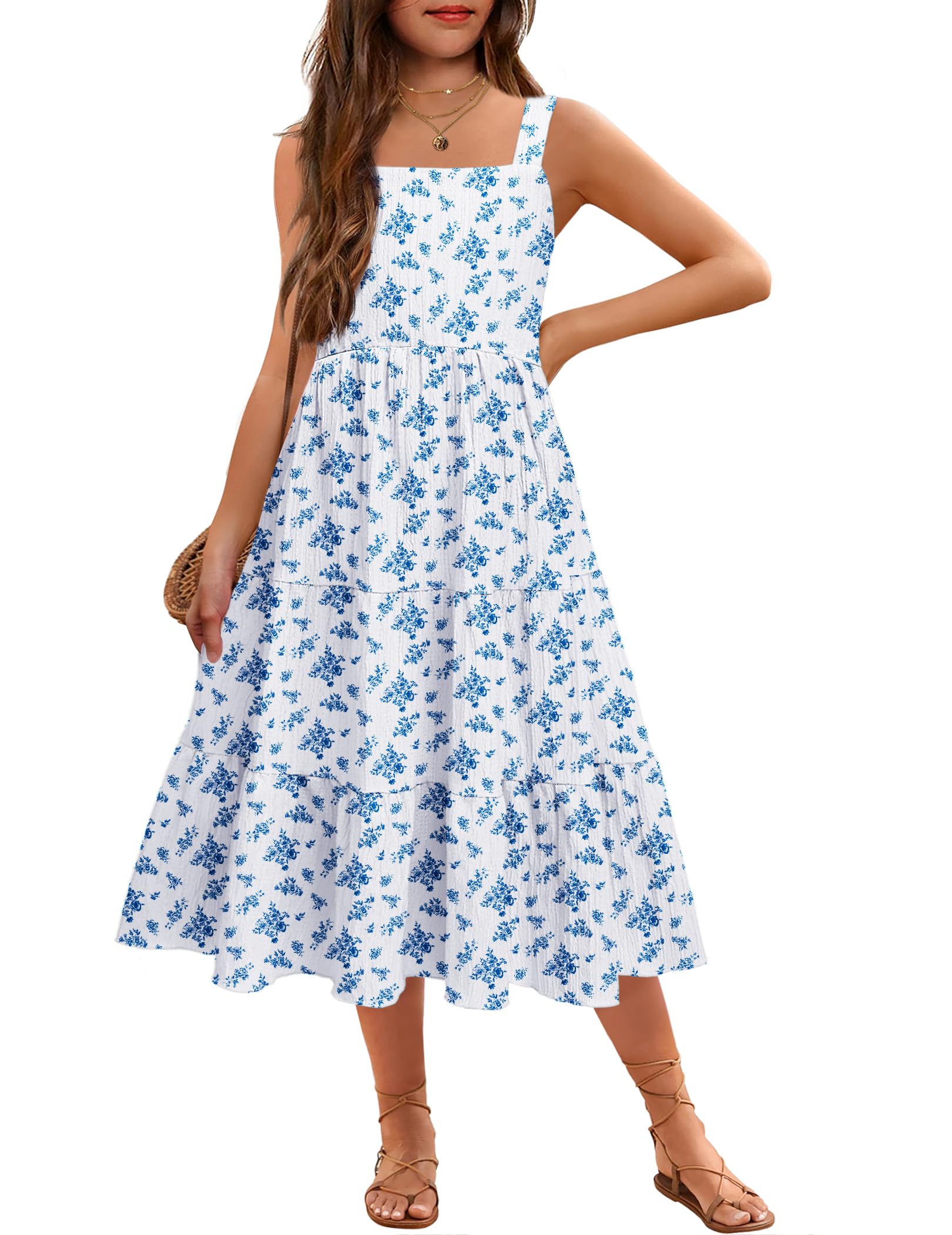 Girl's Sundresses Summer Boho Strap Tiered Cami Maxi Dresses with Pockets
