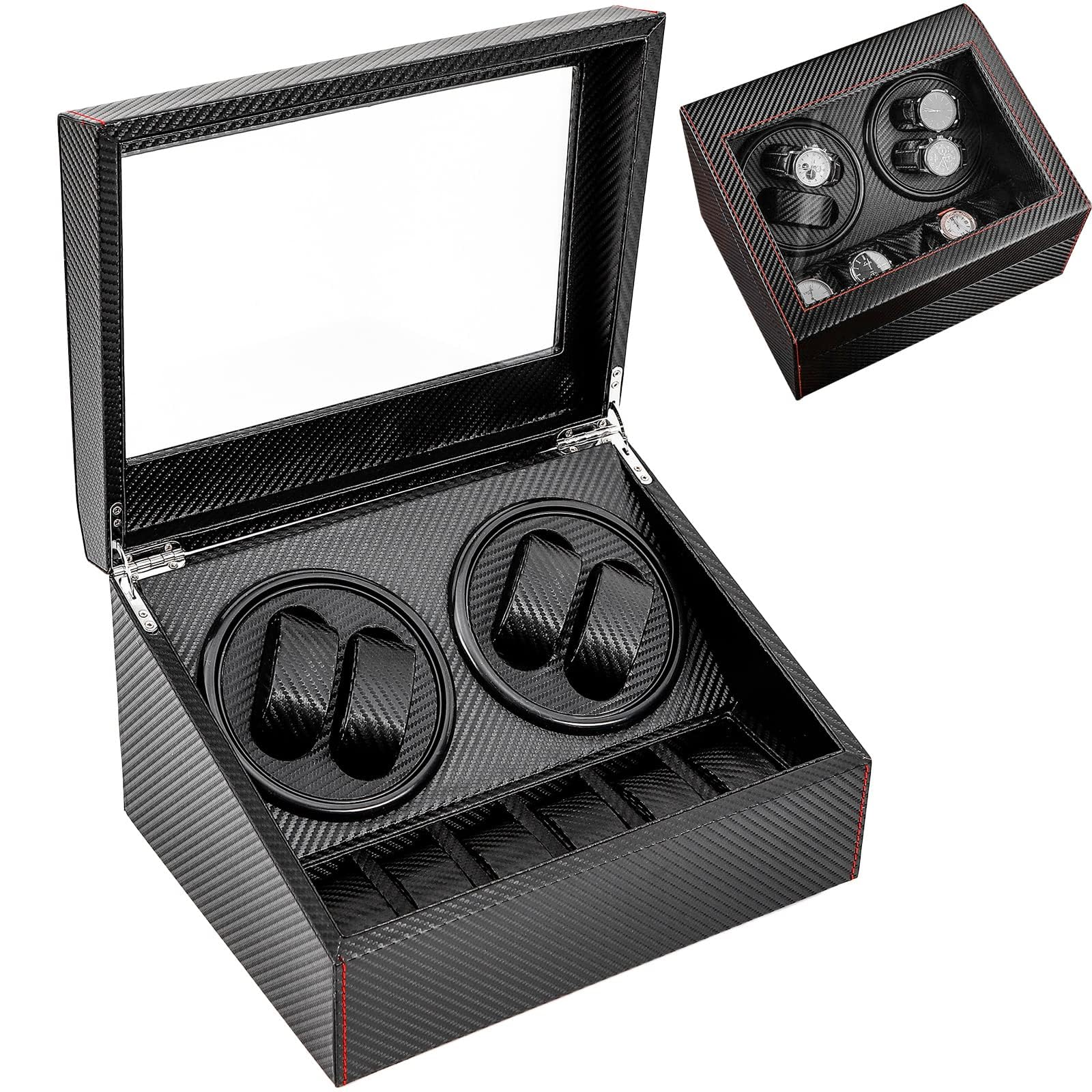 Automatische Uhrenbeweger Box, 4+6 Drehen Uhrenbeweger Lagerung Schmuckschatulle PU-Leder Uhrengehäuse, Kohlefaser Schaukasten Box für Weihnachten/Jubiläum/Vater/Geburtstag
