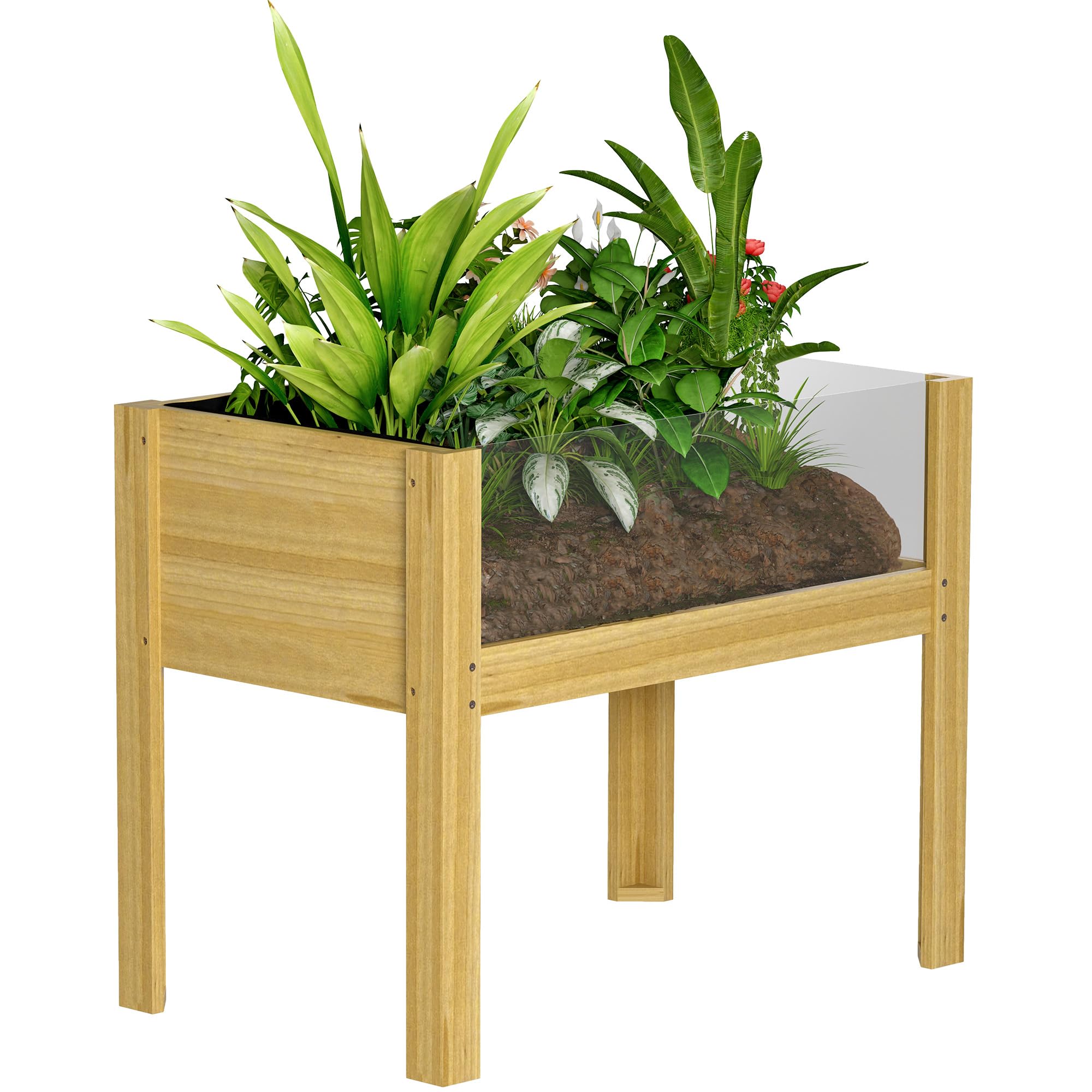 Outsunny Huerto Urbano de Madera Mesa de Cultivo con Paneles Acrílicos Jardinera Elevada para Cultivo Flores Vegetales en Jardín Terraza 75x46x60,5 cm Natural