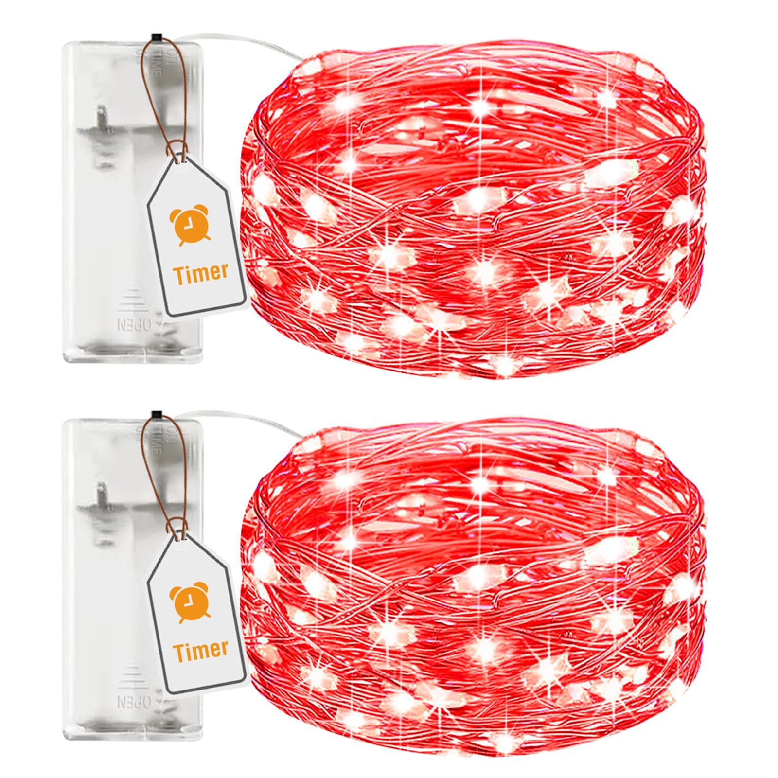 btfarm 2 Pack Fairy Lights Battery Operated with Timer, 2M 20LED Small Sliver Wire String Lights Waterproof, Mini Battery Powered Christmas Lights for Indoor Party Wedding Valentine's Day, Red — image 1