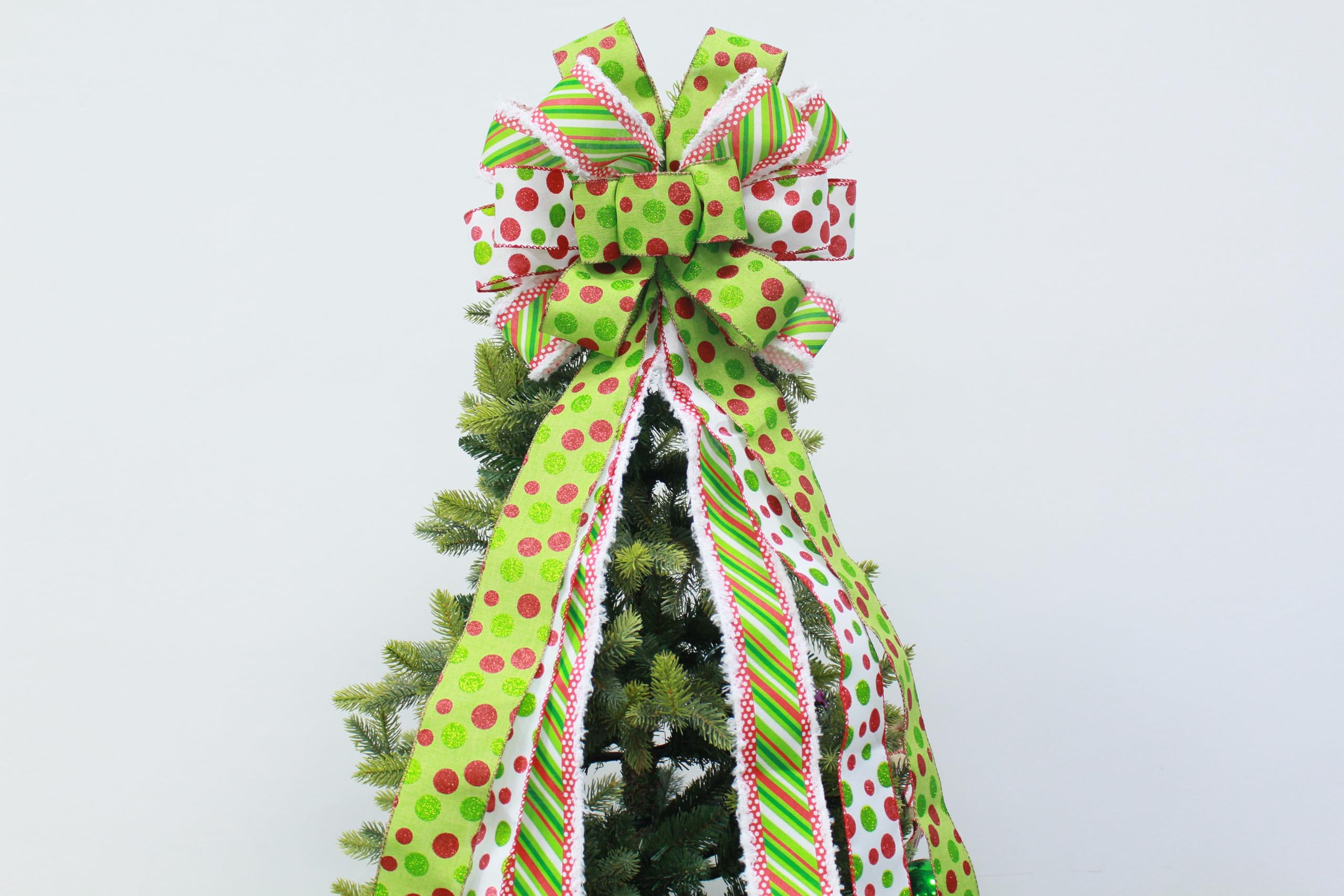 Crowye 2-Pack Christmas Wreath Bows - 10x18 Inch Red & Green Polka Dot Tree Topper Bows For Holiday Decor