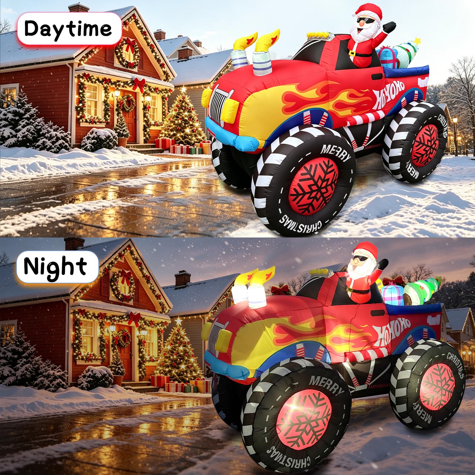 2,5 m großer aufblasbarer Weihnachtsmann-Truck: Der Weihnachtsmann mit Sonnenbrille winkt aus dem Truck, der Geschenkboxen und einen Weihnachtsbaum transportiert – perfekt für Terrasse und Garten