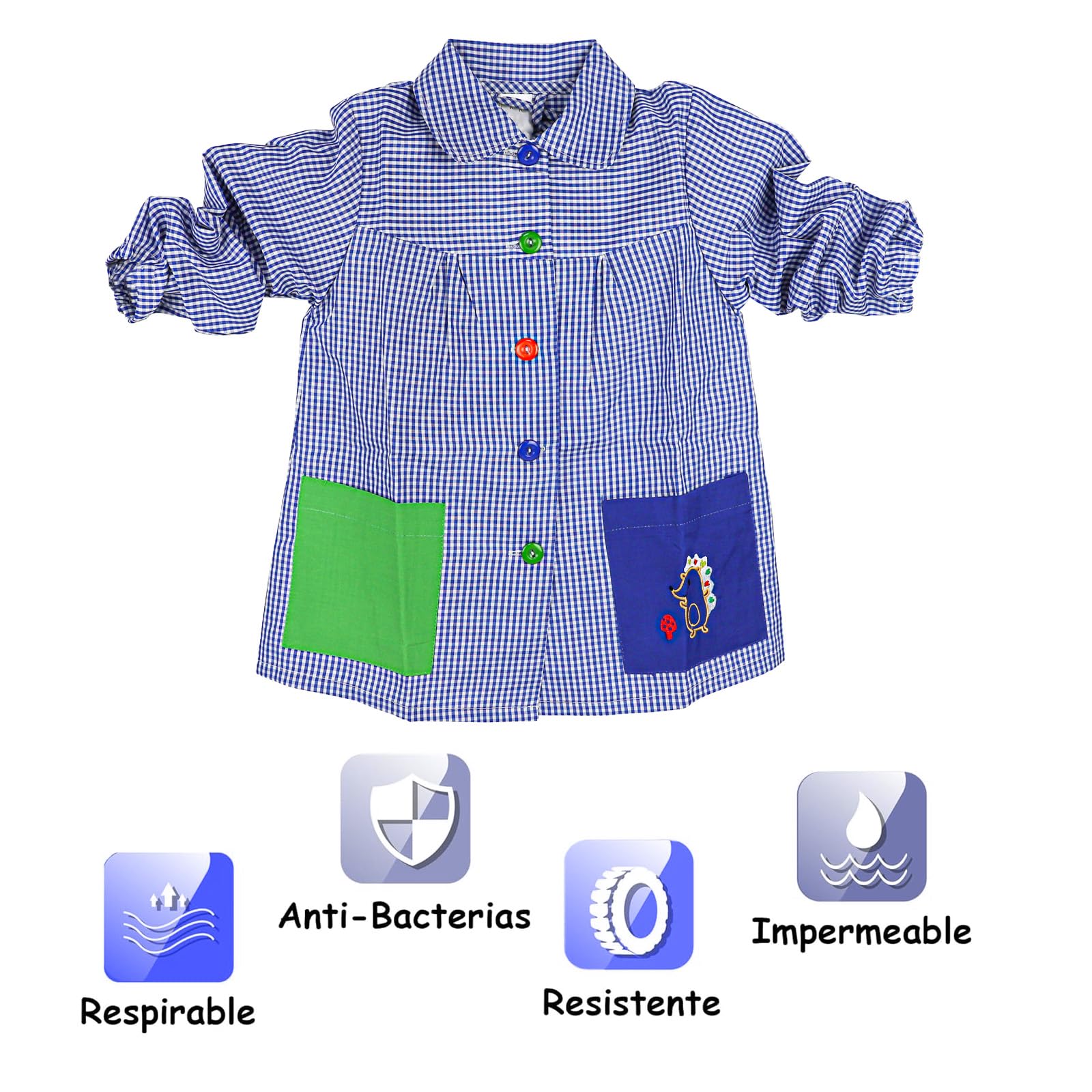 Babi Escolar Infantil de Cuadros | manga larga, botones de colores,para guardería, colegio, comedor y manualidades