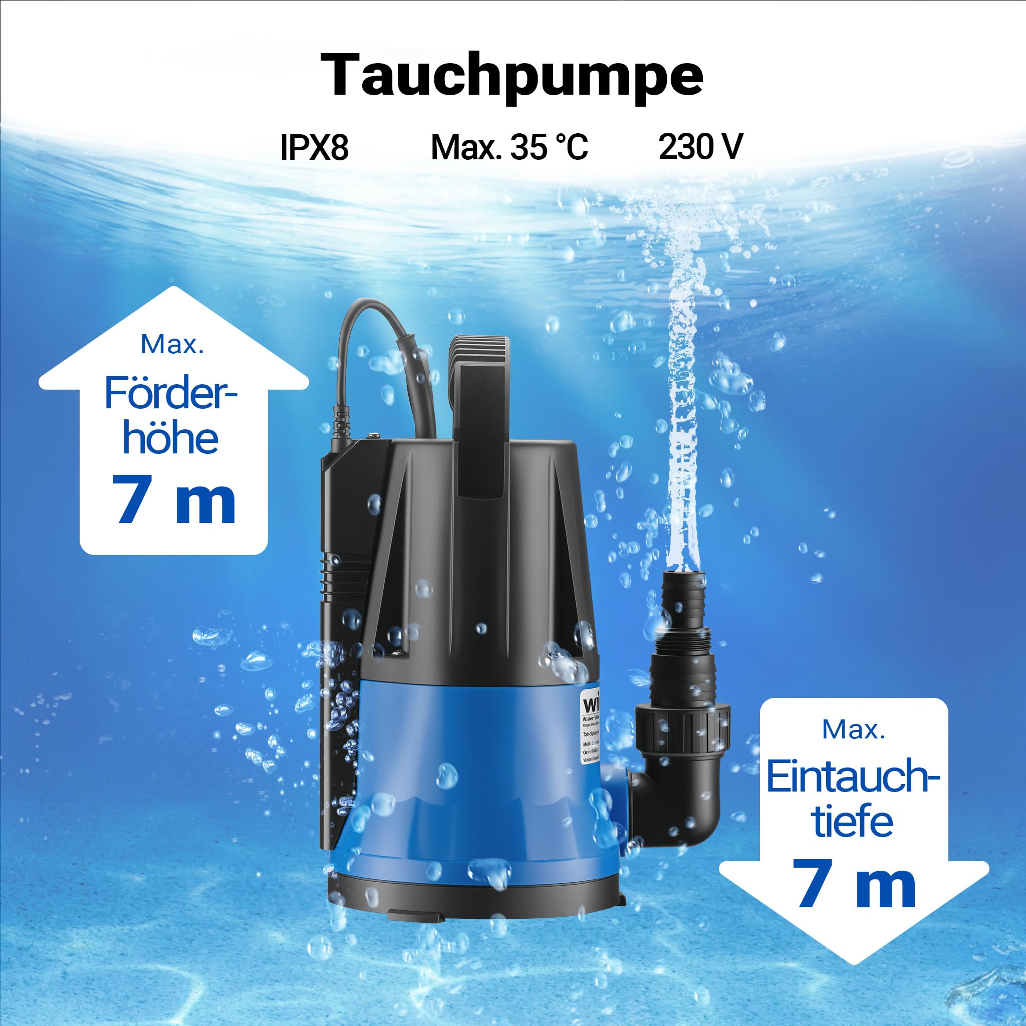 Wiltec Tauchpumpe 400 W, Schmutzwasserpumpe mit max. Fördermenge 6000 l/h, Pumpe zum Absaugen von Wasser max. Förderhöhe 7 m, Flachsaugpumpe für Keller