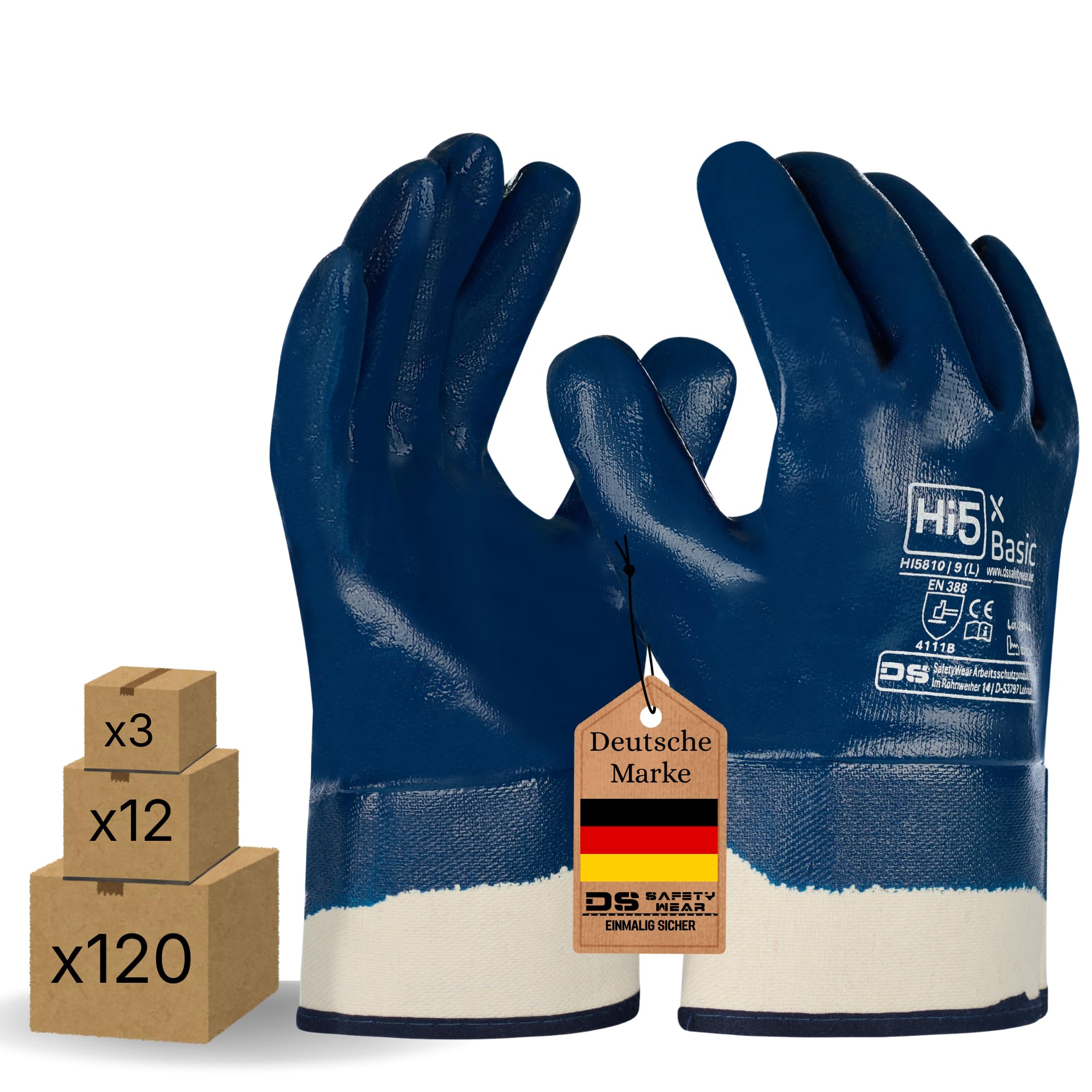 Hi5 X-Basic Nitrilhandschuhe – Wasserdichte ölbeständig Abriebfest Schutzhandschuhe – Größen (S,M,L,XL,XXL) – Nitril-Arbeitshandschuhe 100% Baumwoll-Jersey (XL, 144.0, stück)