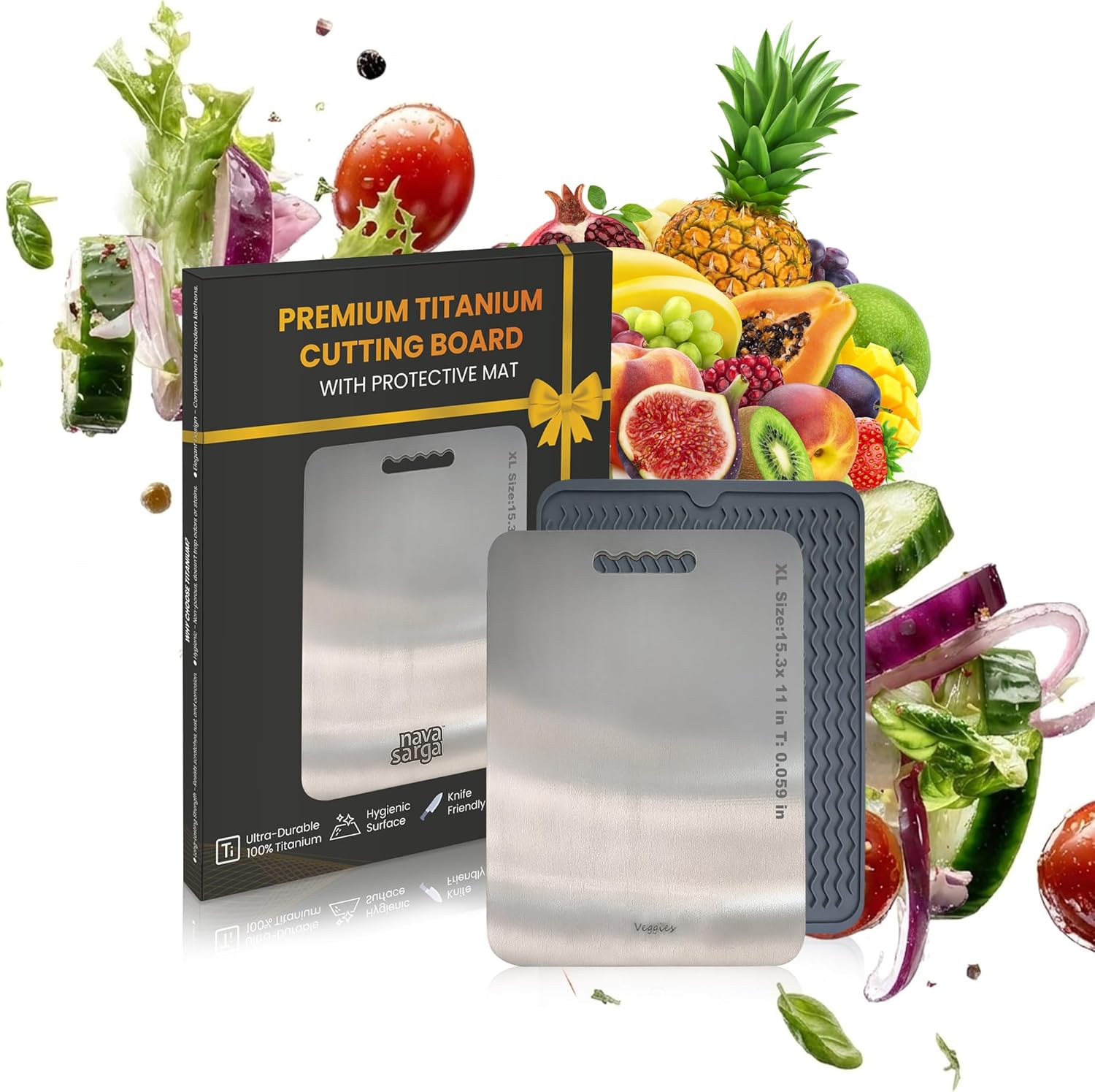 Titanium Cutting Board for Kitchen with Silicone Mat & Gift Box, 100% Pure Titanium Non Toxic Cutting Board, Double-Sided 1.5 mm Thick, Dishwasher Safe Outdoor/Indoor Cutting Board, 15.3 x 11 in