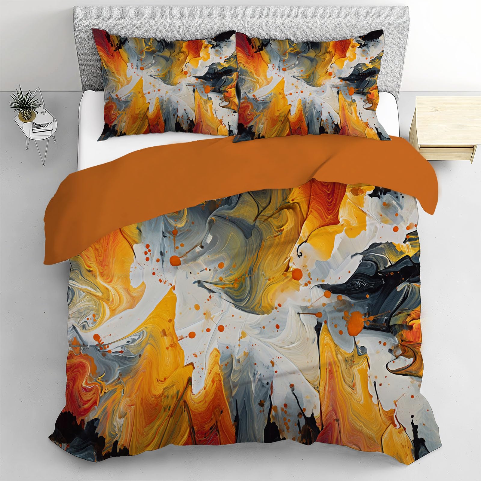 Housse de couette 240x260 abstrait orange et parure de lit 2 personnes en microfibre 3D