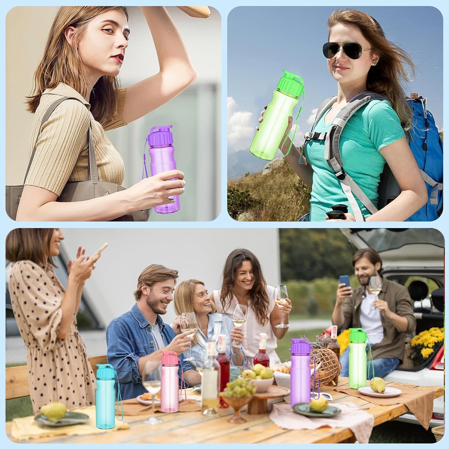 20 bottiglie d'acqua in plastica per bambini da 500 ml, bottiglie sportive riutilizzabili con tappo a patta e cintura, impermeabili e leggere, ideali per scuola, feste, all'aperto, palestra (4 colori)