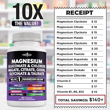 NEW AGE Magnesium Supplement -Powerful Glycinate Citrate Malate Oxide Taurate Aspartate Gluconate Orotate & Mag Chloride Manganese, Joint Support- 180 Count