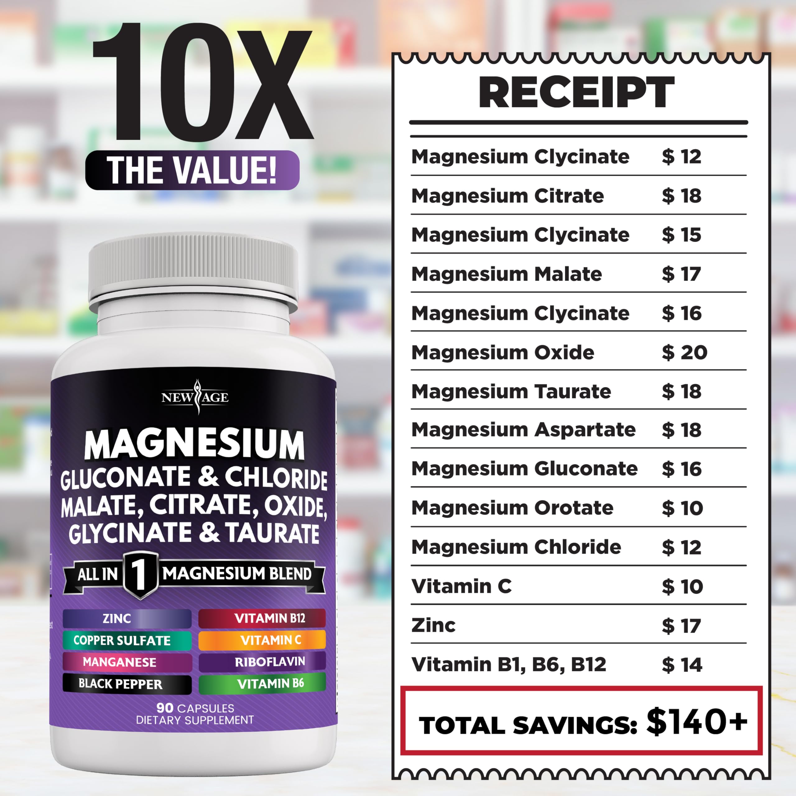 NEW AGE Manganese Supplement - Magnesium Glycinate Citrate Malate Oxide Taurate Aspartate Gluconate Orotate & Mag ChlorideBone Health and Bone Strength, Joint Support - 180 Count — Amazon image 4