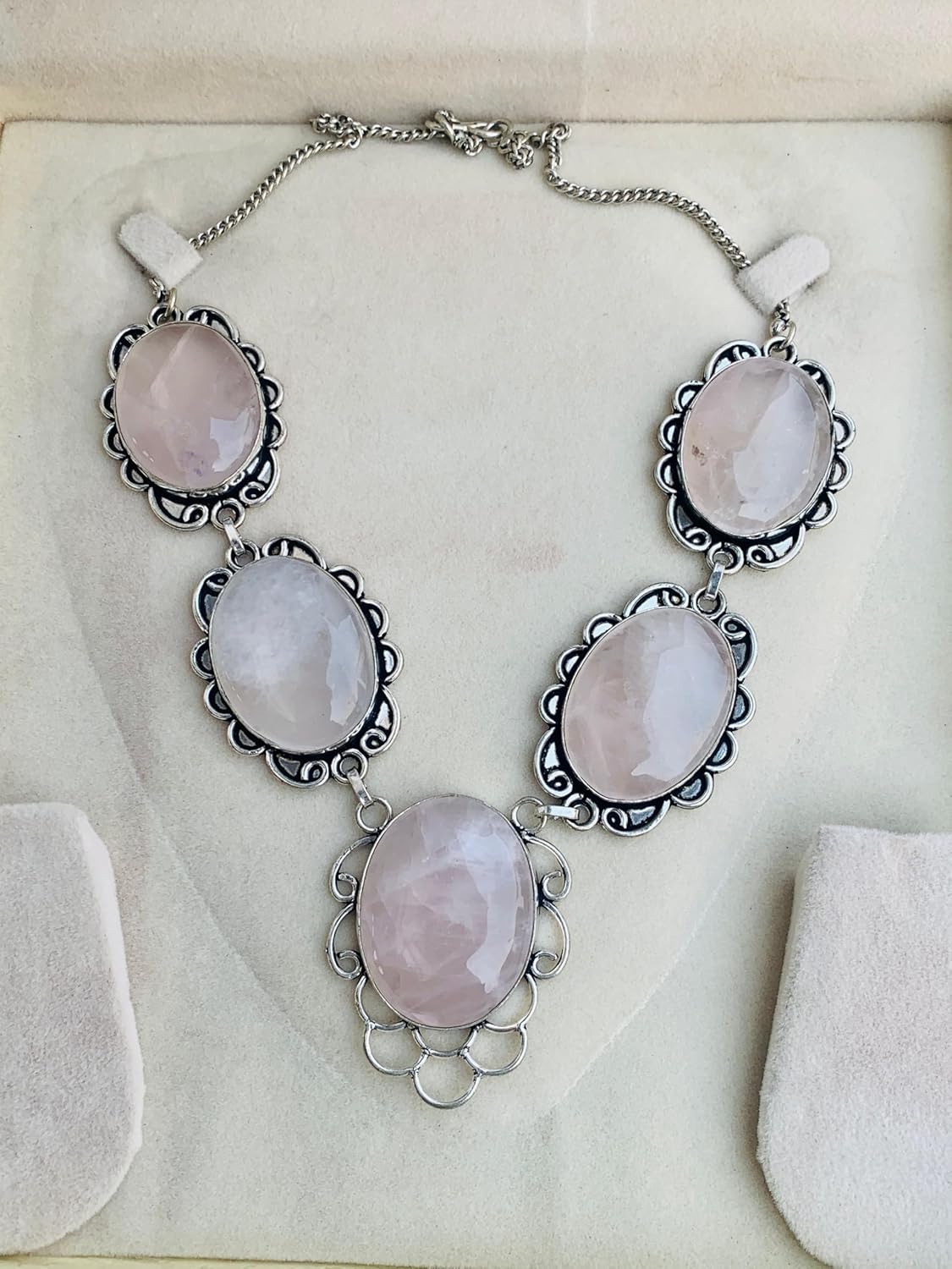 Silver Natural Gemstone Necklace for Women | Labradorite Moonstone & Rose Quartz | Handmade Boho Vintage Statement Pendant | Gift for Mother,Wife and Girlfriend