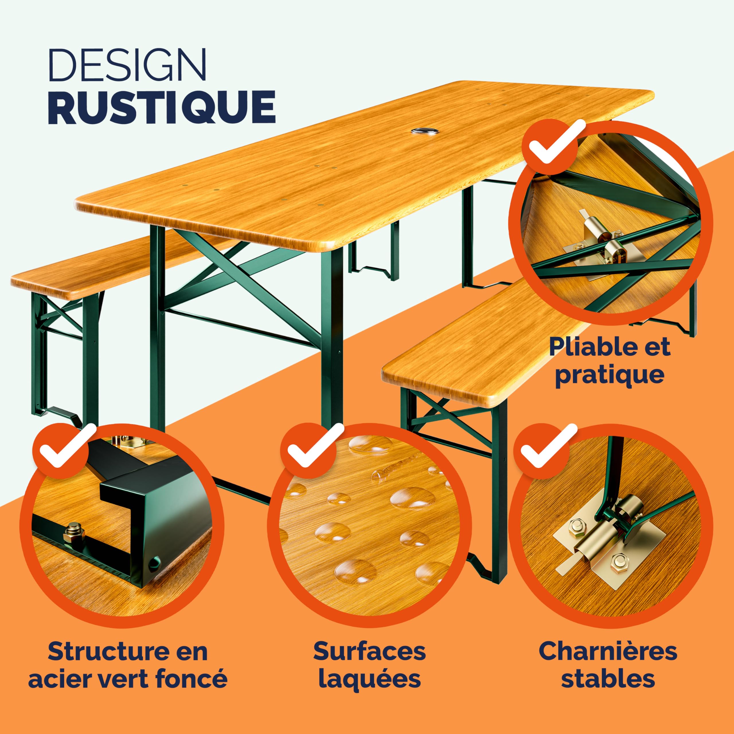 Casaria Ensemble Table et bancs en Bois de Brasserie 170x46x75cm Pliable Meubles de Jardin 3 pièces Support Parasol