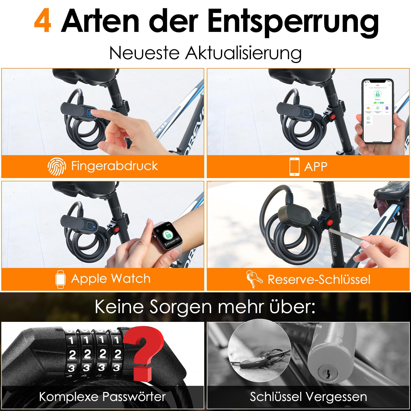 Anweller Lucchetto per bicicletta con impronte digitali con 2 chiavi, lucchetti per cavi, alta sicurezza, anti-furto, con supporto, impermeabile, 12 mm x 150 cm