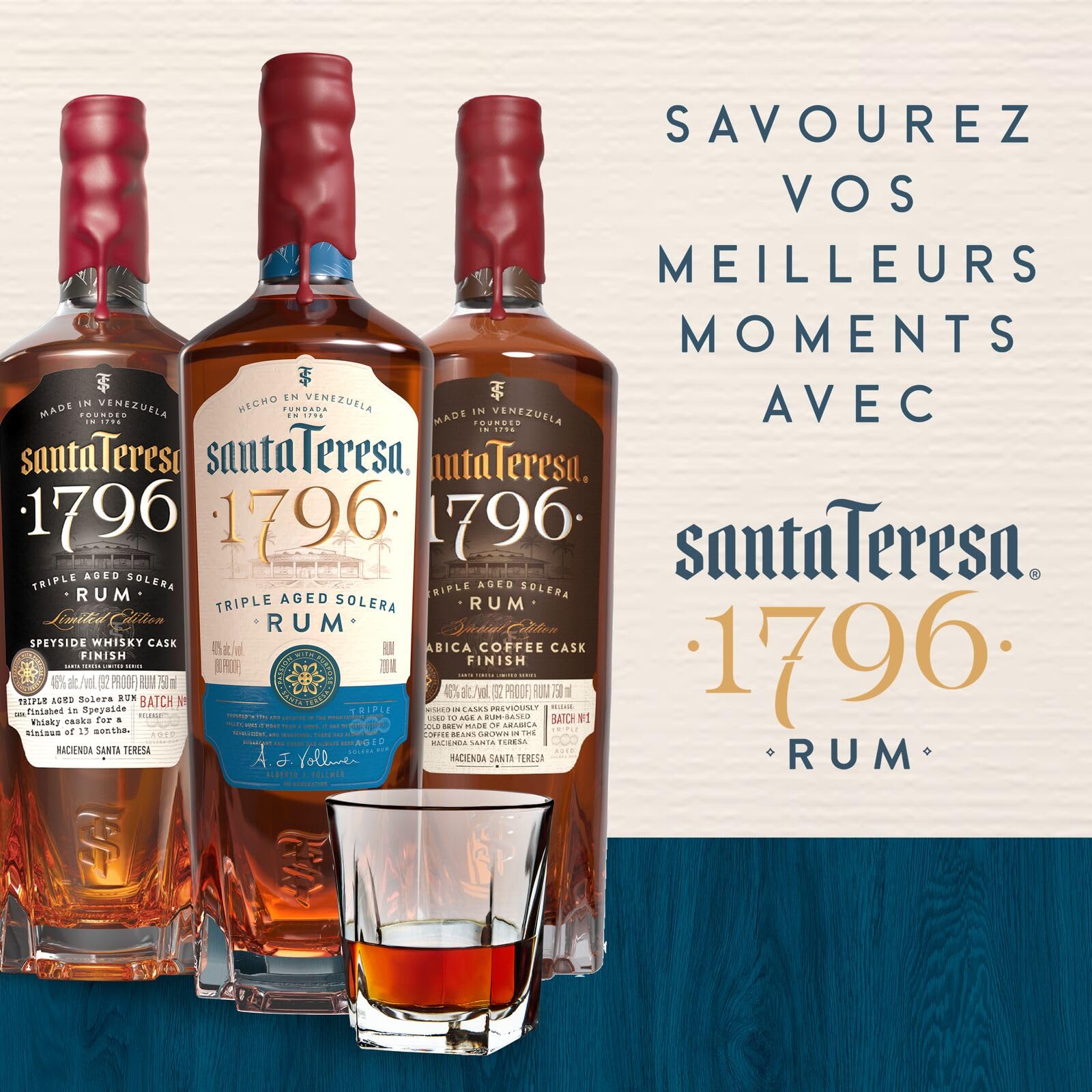 Santa Teresa 1796 Triple Aged Solera Rum, 40 % vol., 70 cl / 700 ml, Rhum ambré vénézuélien d’exception, issu d’un domaine unique et affiné dans des fûts de chêne