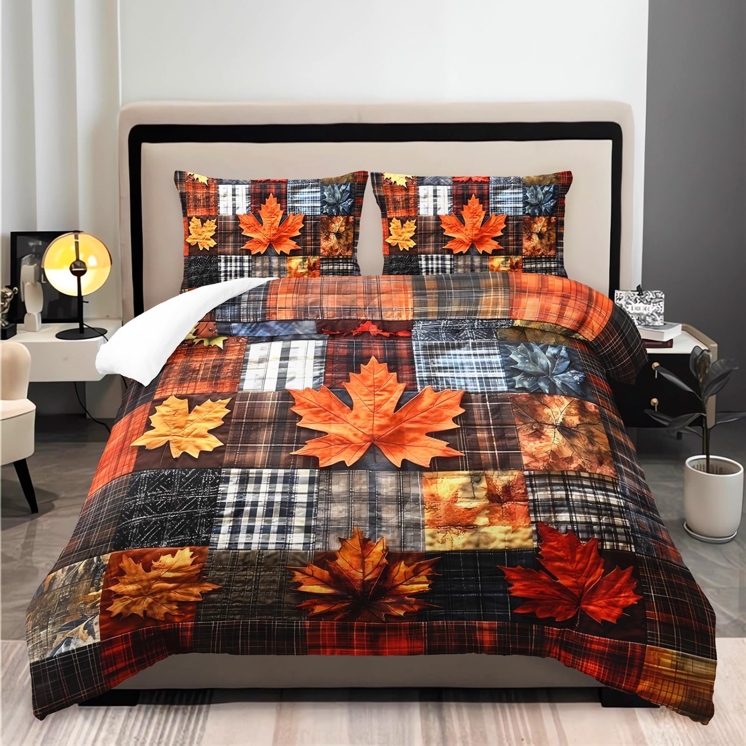 Fall Maple Leaf Printed Comforter 3Pcs Queen Orange Brown Rustic Leaves Bedding Set for Kid Teen Boy Girl Adult Vintage Colorful Patchwork Grid Quilt Bed Decor with 1 Comforter & 2 Pillowcases