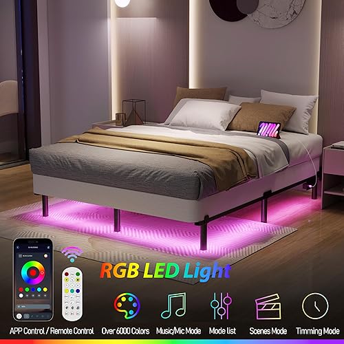 Miniatura 3 de Base de cama de tamaño matrimonial con luces LED, plataforma de 7 pulgadas, base de cama gruesa para somier y bases de colchón, longitud ajustable,