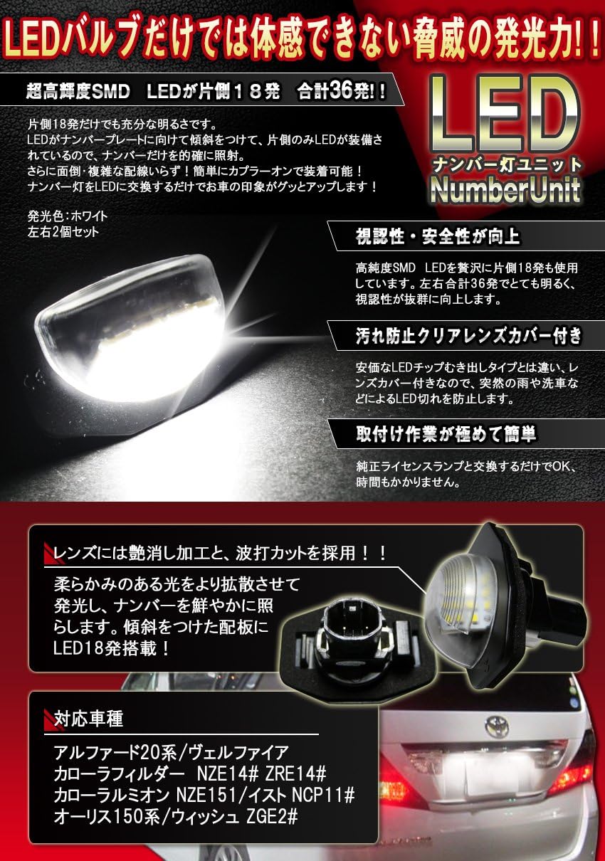 Amazon モデル信玄 Ledナンバー灯ユニット 36連smd アルファード ヴェルファイア系など Nbu Lc T18 Ledバルブ 車 バイク