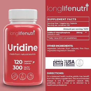LongLifeNutri Uridine Monophosphate 300 mg & Phosphatidylserine 500 mg Bundle 120 + 180 Veg Caps, 4 & 3 Month Supplies, Nucleotide & Phospholipid Support, Non-GMO, GMP Certified, Made in USA