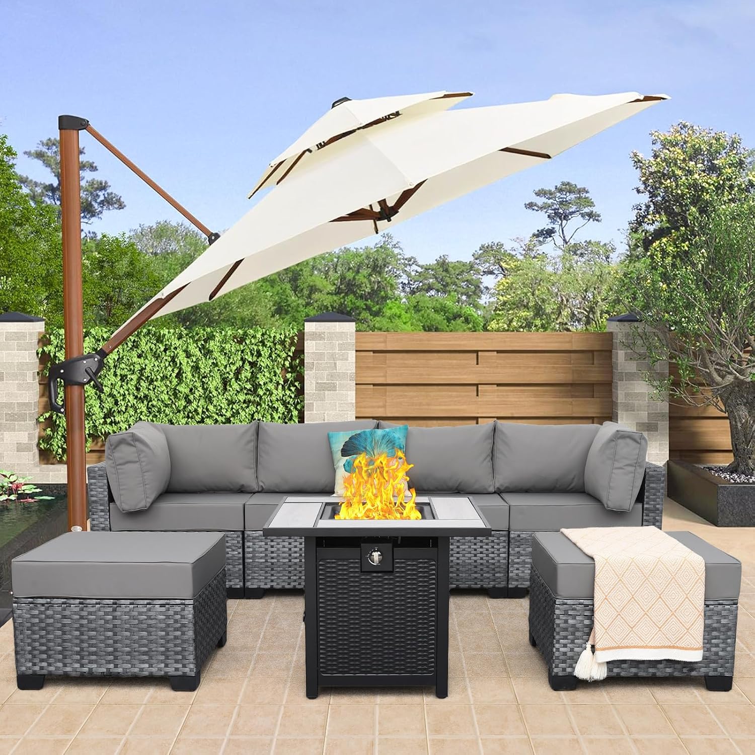 WAROOM Outdoor Patio Furniture Set 7 Pieces Gray Rattan Sectional Sofa PE Wicker Conversation Couch Sets with Propane Fire Pit Table, Anti-Slip Thick Grey Cushion