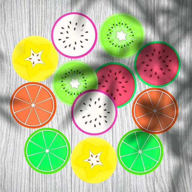 LMS 12 PCS Non Slip Silicone Heat Isulation Fruit Coaster, Cute Colorful Silcone Rubber Cup Mats, Good Grip, Tabletop Protection Prevents Furniture Damage (Pack of 12)