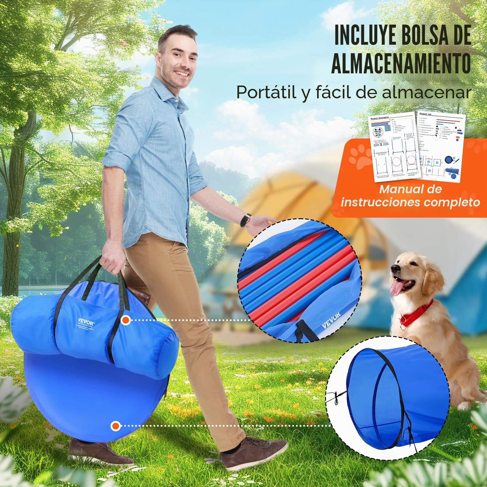 VEVOR Equipo de Entrenamiento de Agilidad para Perros 5 Piezas Carrera de Obstáculos para Cachorros con Vallas Altas Ajustables 6 Postes Túnel Anillo de Salto Caja de Descanso Silbato Cuenco Plegable