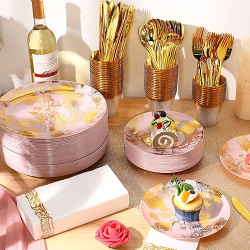 Miniatura 4 de Tioncy Juego de vajilla desechable de 350 piezas de plástico floral dorado para 50 invitados, incluye platos, tenedores, cuchillos, cucharas, tazas,