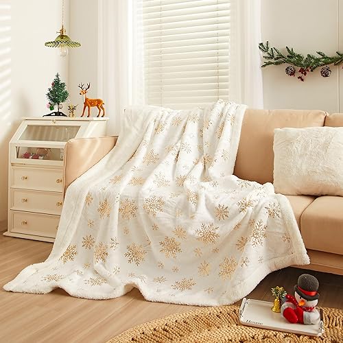 Miniatura 2 de YIRDDEO Manta blanca de picnic para sofá, manta de invierno de Navidad con copos de nieve dorados, manta de microfibra suave, manta de viaje al aire