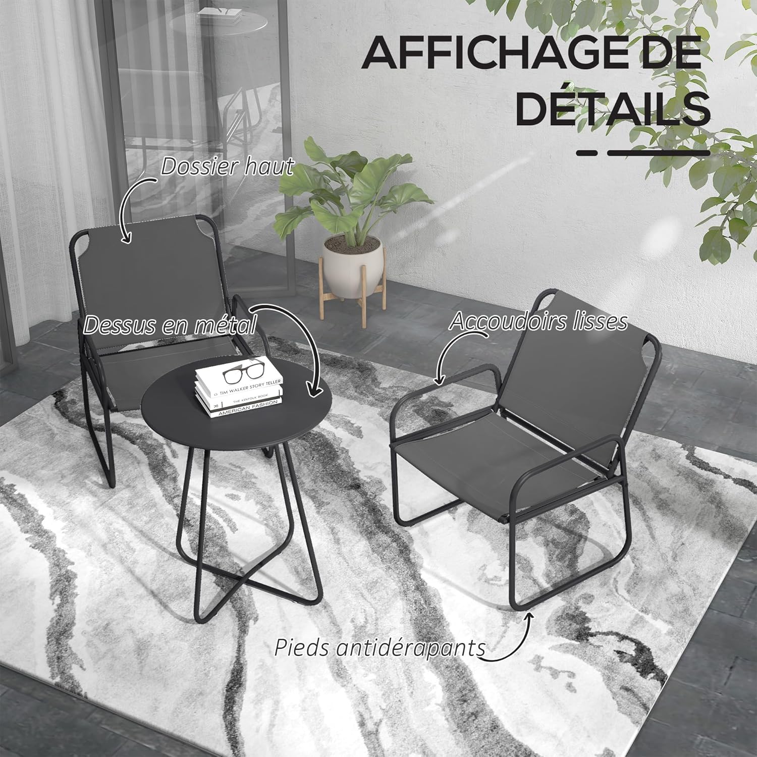 Xehetasuna view of chair and table components, highlighting high back, metal top, smooth armrests, and anti-slip feet