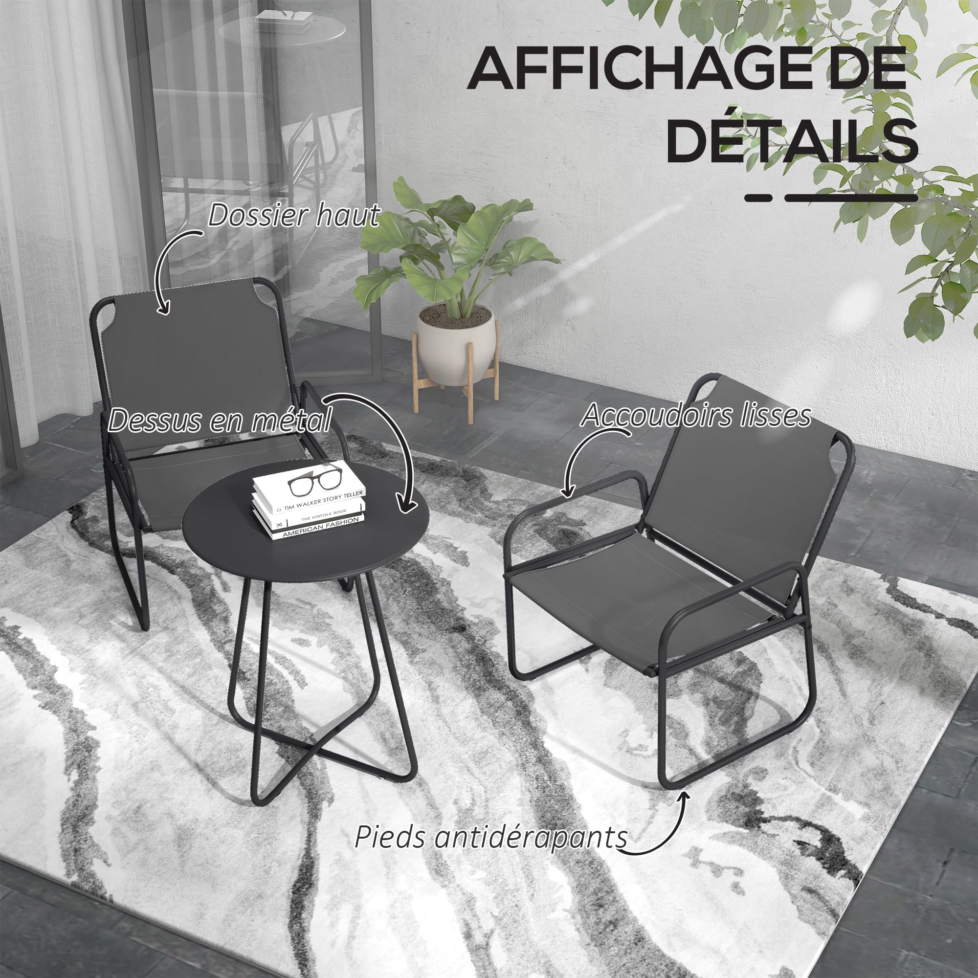 Outsunny Salon de Jardin 3 pièces, 2 fauteuils 1 table ronde, Acier, Tissu respirant, Gris