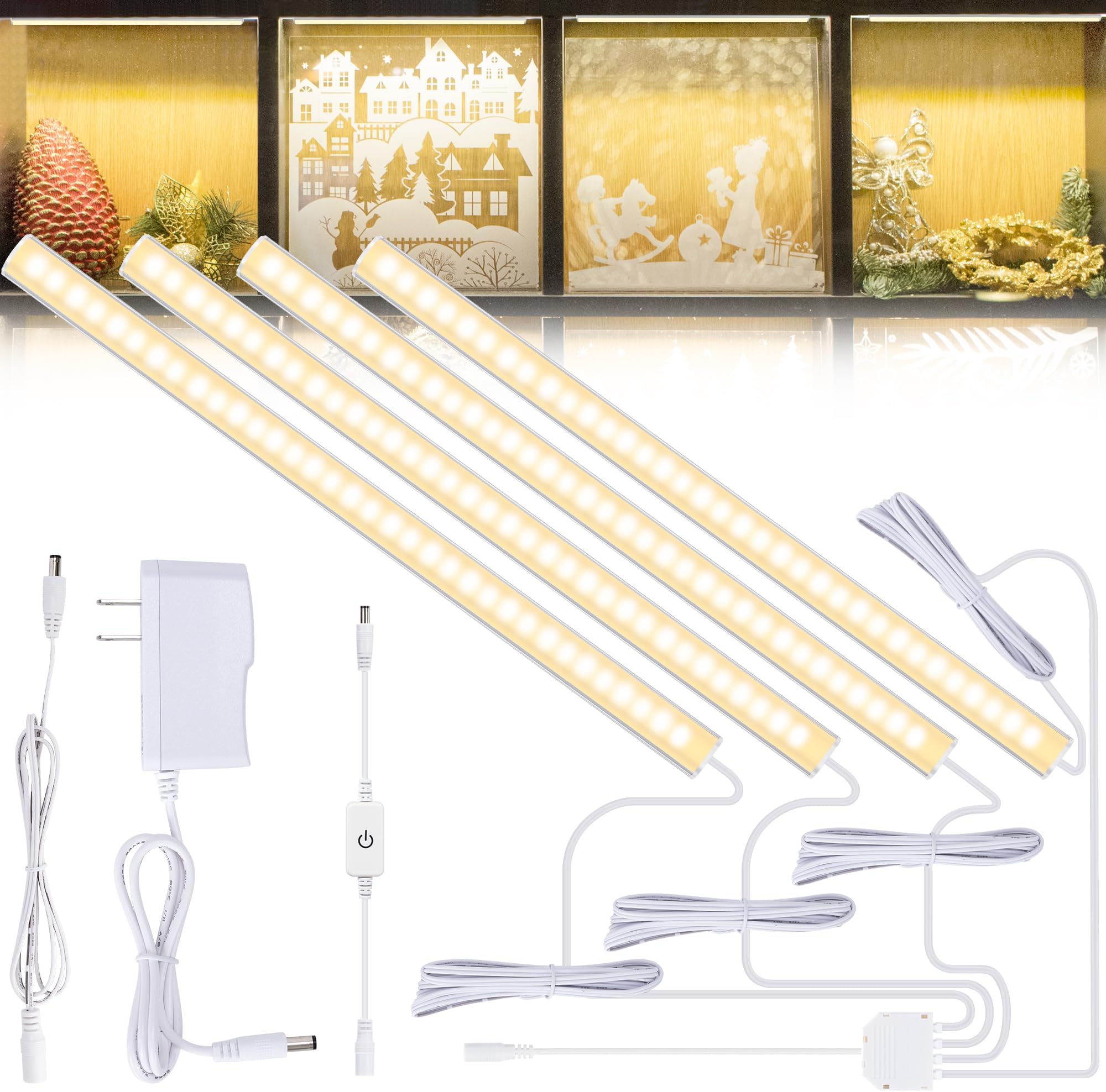 JUSJUBR 4 Pack Warm White Dimmable LED Shelf Lighting with Memory Function Bookcase Lighting LED Lights for Display Cabinet/Pantry/Cabinet/Safe, 3000K