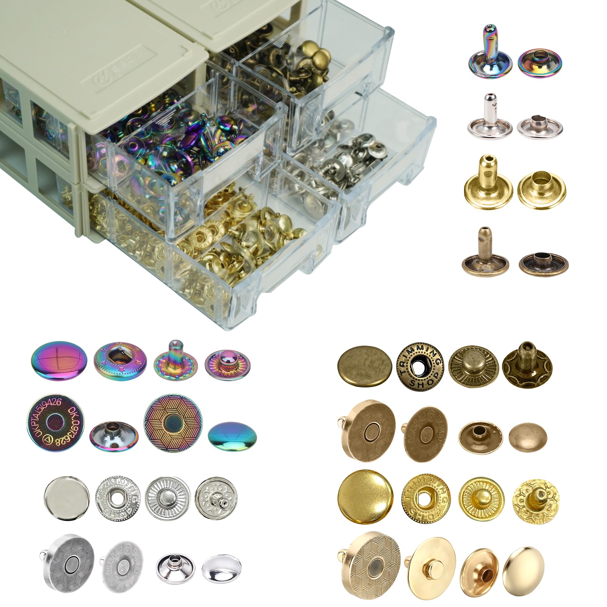WedDecor Juego de remaches y cierres a presión, remaches tubulares de doble tapa de 8 mm, pernos de presión de resorte en S de 15 mm, cierres magnéticos de doble remache de 14 mm con caja de