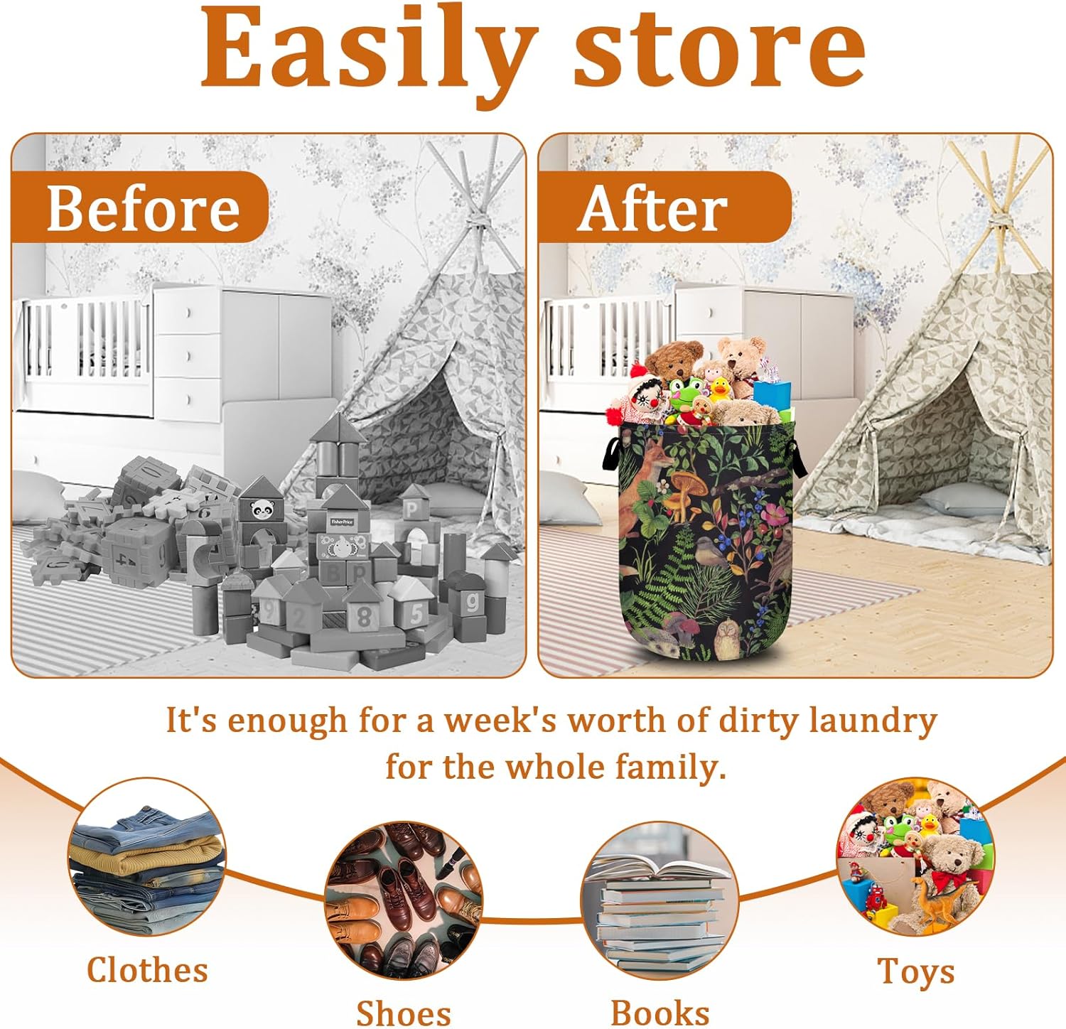 Leaves Mushroom Flower Laundry Basket with Sturdy Handles, Fox Bird Owl Collapsible Oxford Cloth Laundry Hamper Organizer Basket for Bathroom Bedroom 15.7x20 Inch