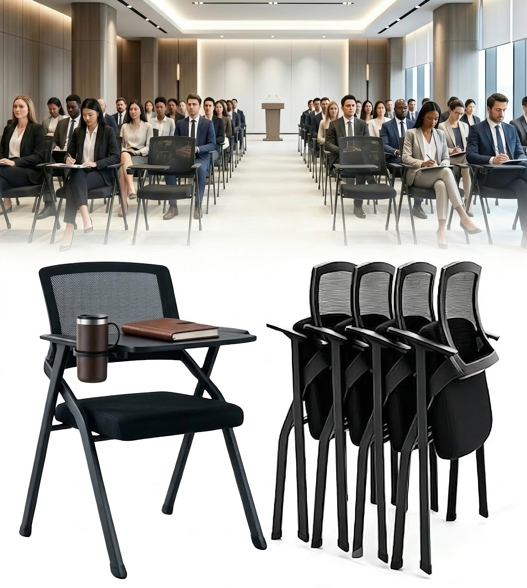 12 Pack Heavy Duty Folding Conference Chairs with Desk Attached,Cup Holder