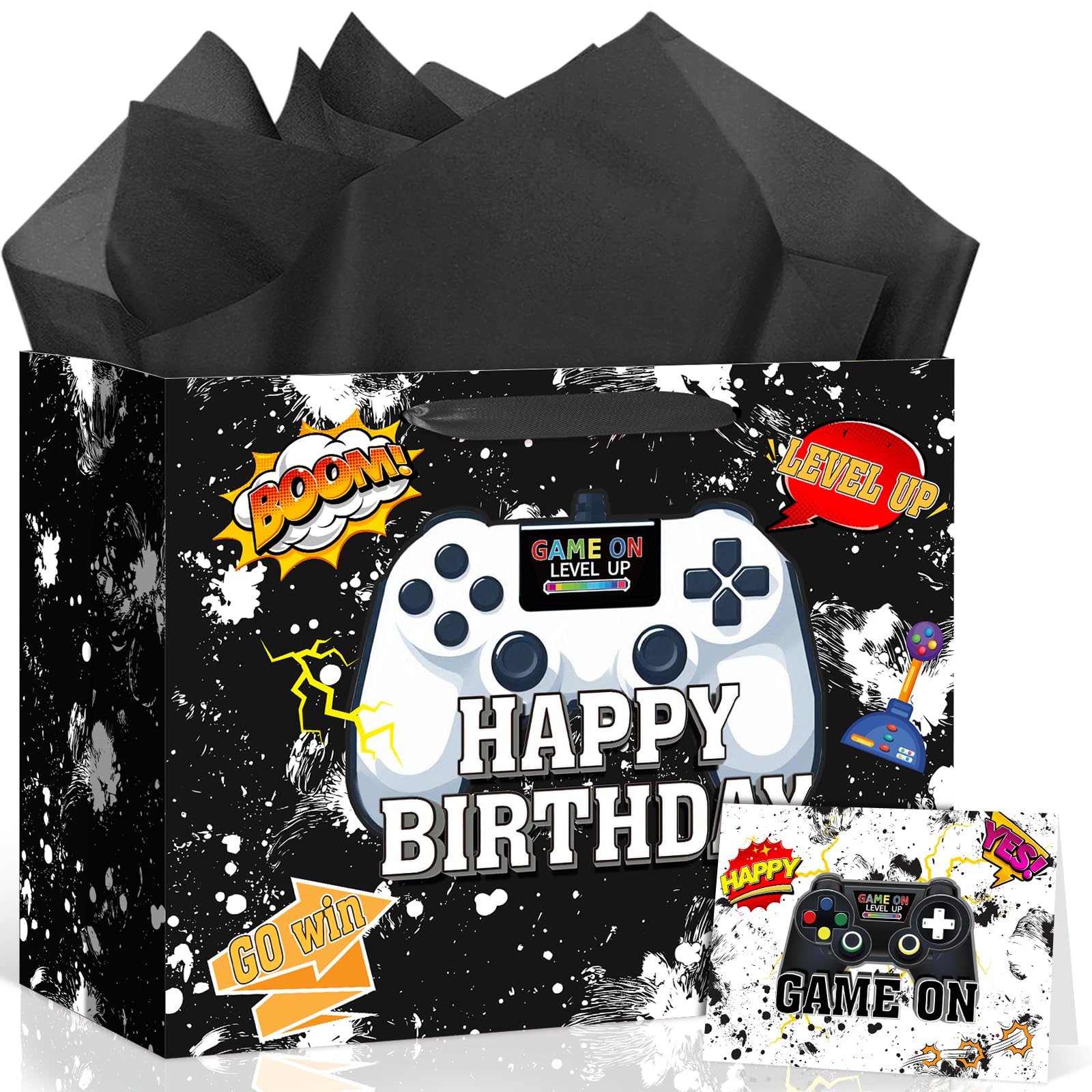 Game Theme Birthday Party Supplies Video Game Birthday Gift Bag with Wrapping Paper and Card Black White Gaming Decorations Gamer Wrapping Paper Bag