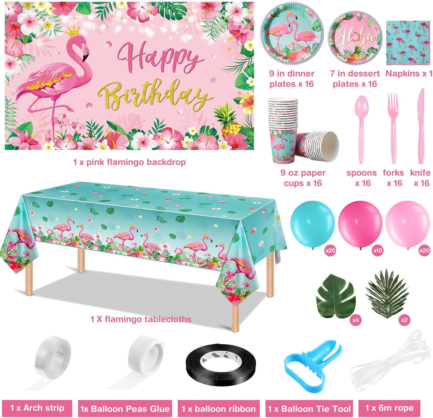 Blosssound 171 Pcs Flamingo Birthday Party Supplies 16 Sets Tropical Hawaiian Party Decorations Include Napkins Plates Cups Spoons Forks Knife Balloons Leaves Backdrop Tablecloth for Girls Boys Kids