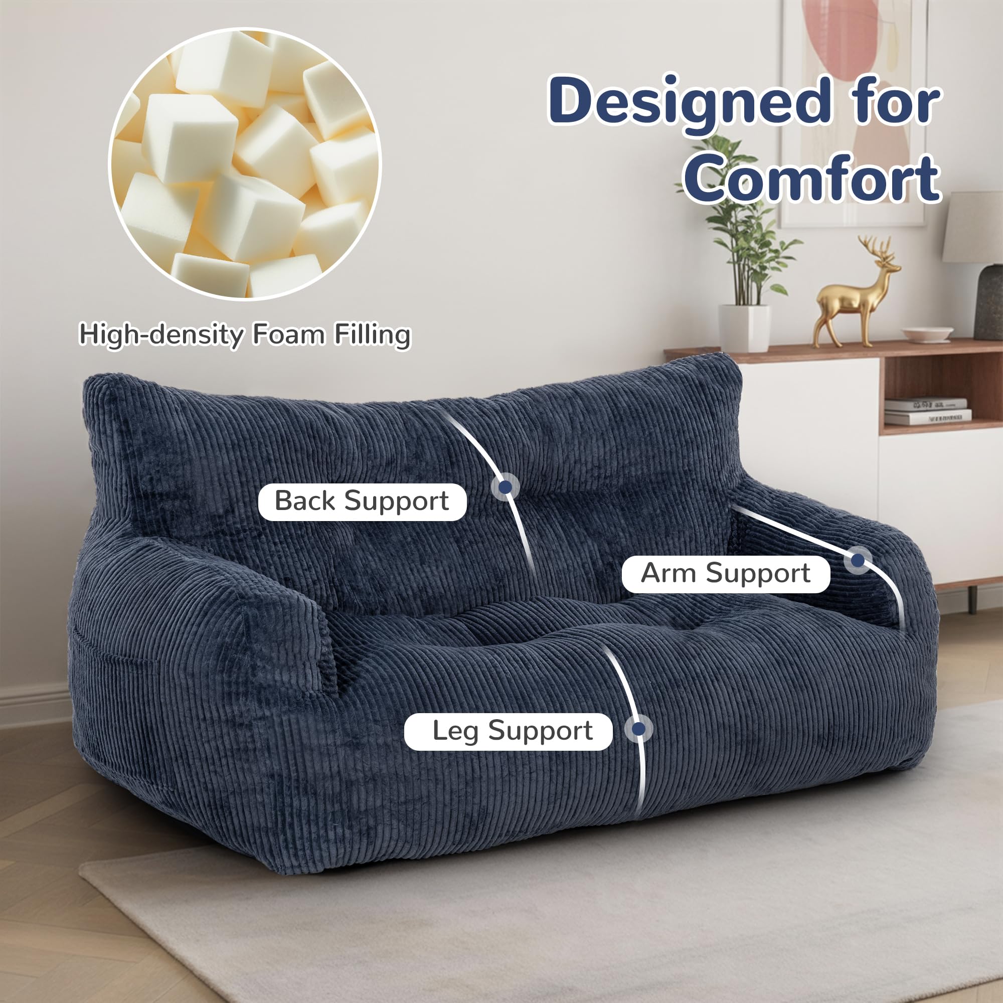 Pamapic Pouf pour Adulte avec Rembourrage, Double Fauteuil de Salon avec poignée Portable, Ergonomique, Moderne, pour Salon, Chambre à Coucher, Salle de Jeux, Bleu