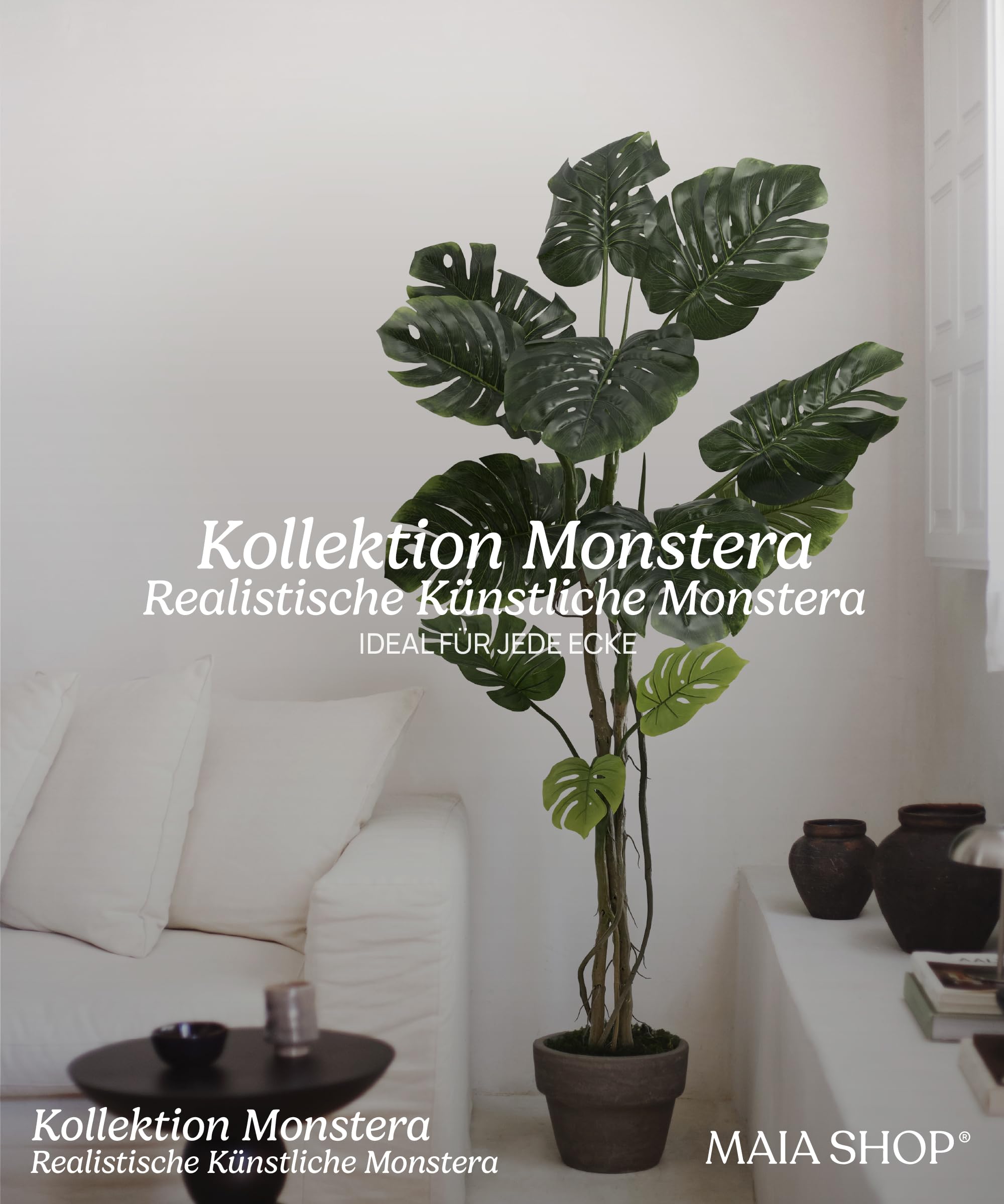 Maia Shop Monstera Künstlich 180 cm - Kunstpflanze wie Echt | Große Kunstpflanze mit Realistischen Blättern für Wohnzimmer Flur und Büro - Schwarzer Topf Inklusive