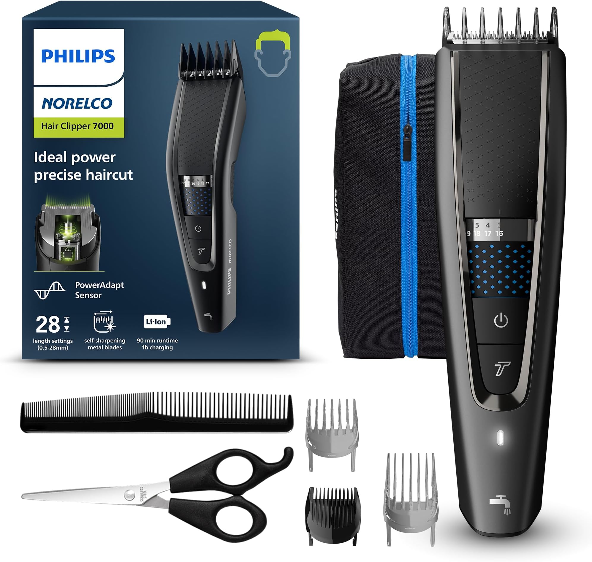 Philips Hair Clipper 7000 Series, Hair and Beard Trimmer, Precision Dial, PowerAdapt Sensor, Trim-and-Flow, DualCut, DuraPower, 28 Length Settings, 90 Min. Runtime, Model HC7650/40