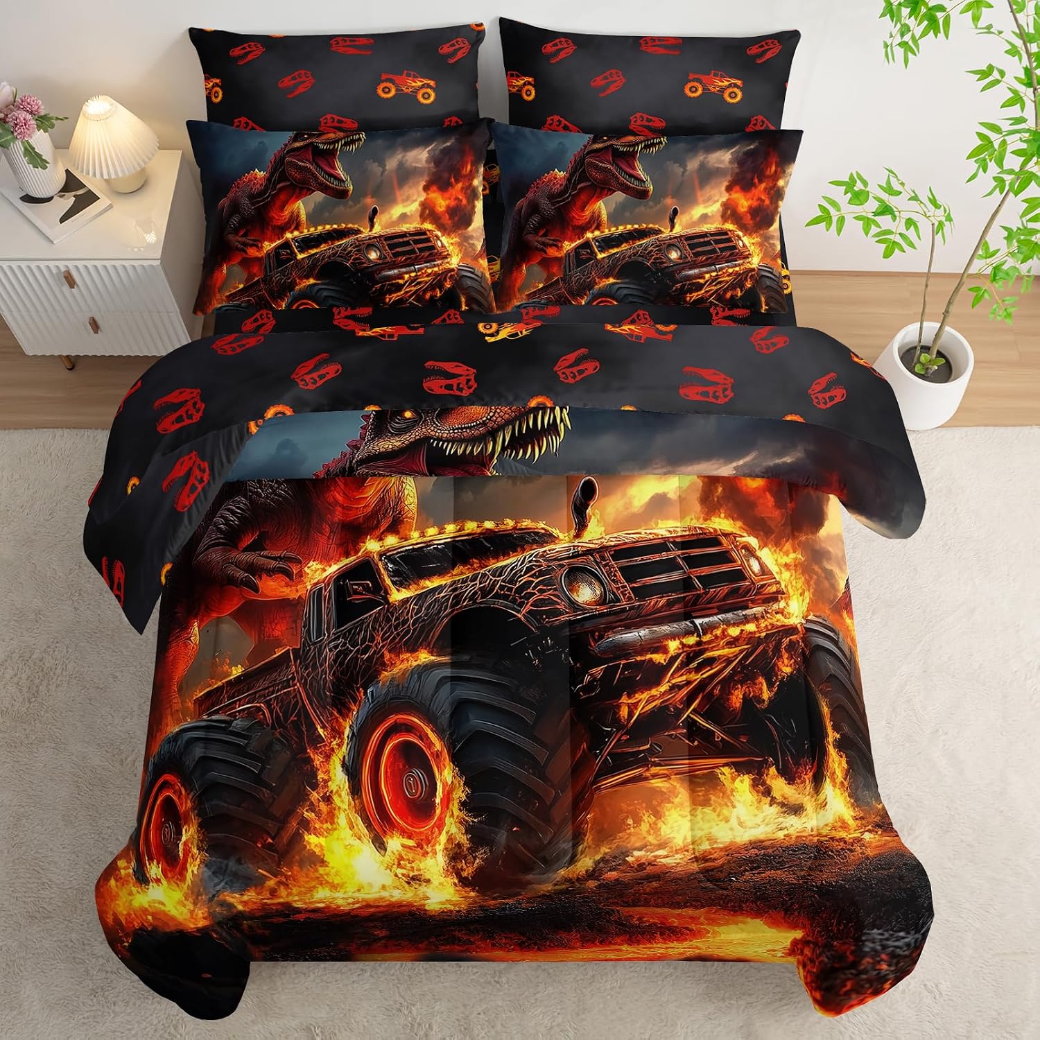 AILONEN Dinosaur Monster Truck Bed in a Bag Queen Size Boys Fire T-Rex Comforter Set Kids Bedroom Decor Reversible 7 Piece Truck Racing Sheets and Pillowcases
