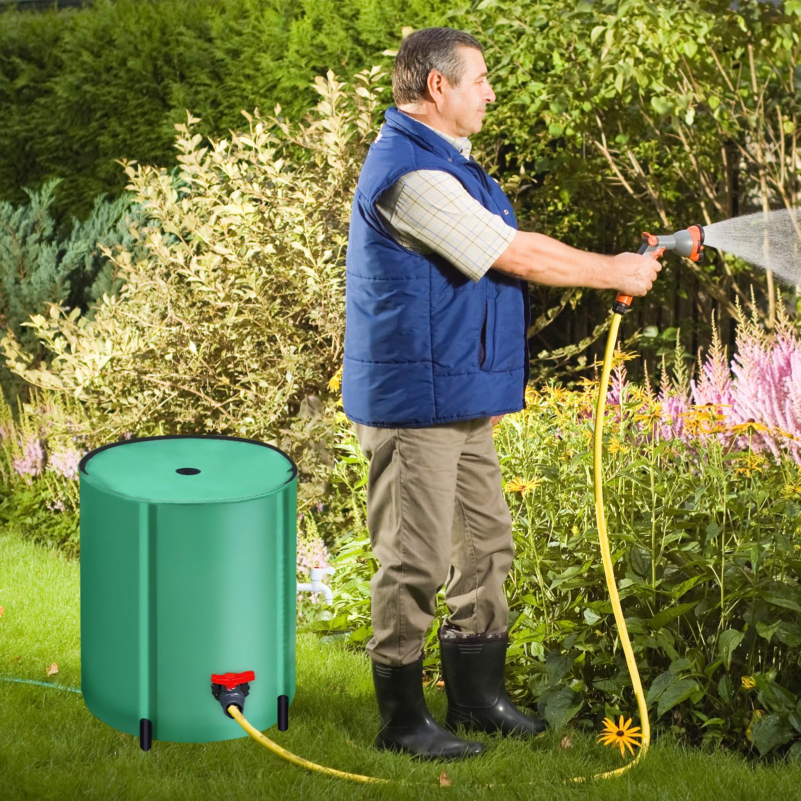Seau à Pluie, 200L Récupérateur D'eau de Pluie Pliable Réservoir Eau Portable avec Couvercle Sortie D'eau Filtre à Mailles et 2 Robinets Reservoir Eau Vert pour Jardin avec Protection Anti-Débordement
