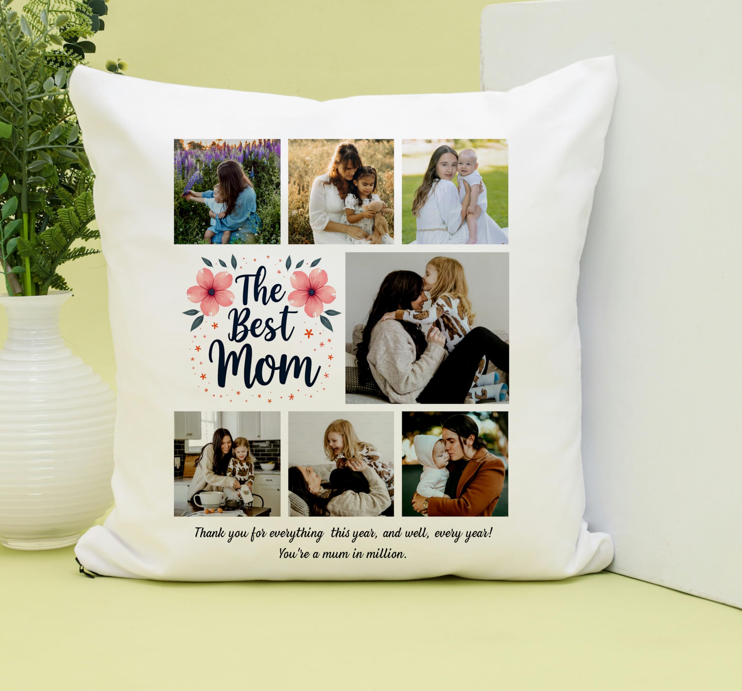 Personalised Pillow Cushion Cover for Mum, Custom Throw Pillow Cushion Cover With Photos and Text, Gift for Mothers Day, for Mum Mummy Granny, Keepsake Home Décor 40x40 cm Pillow/Cushion. (Design 3)