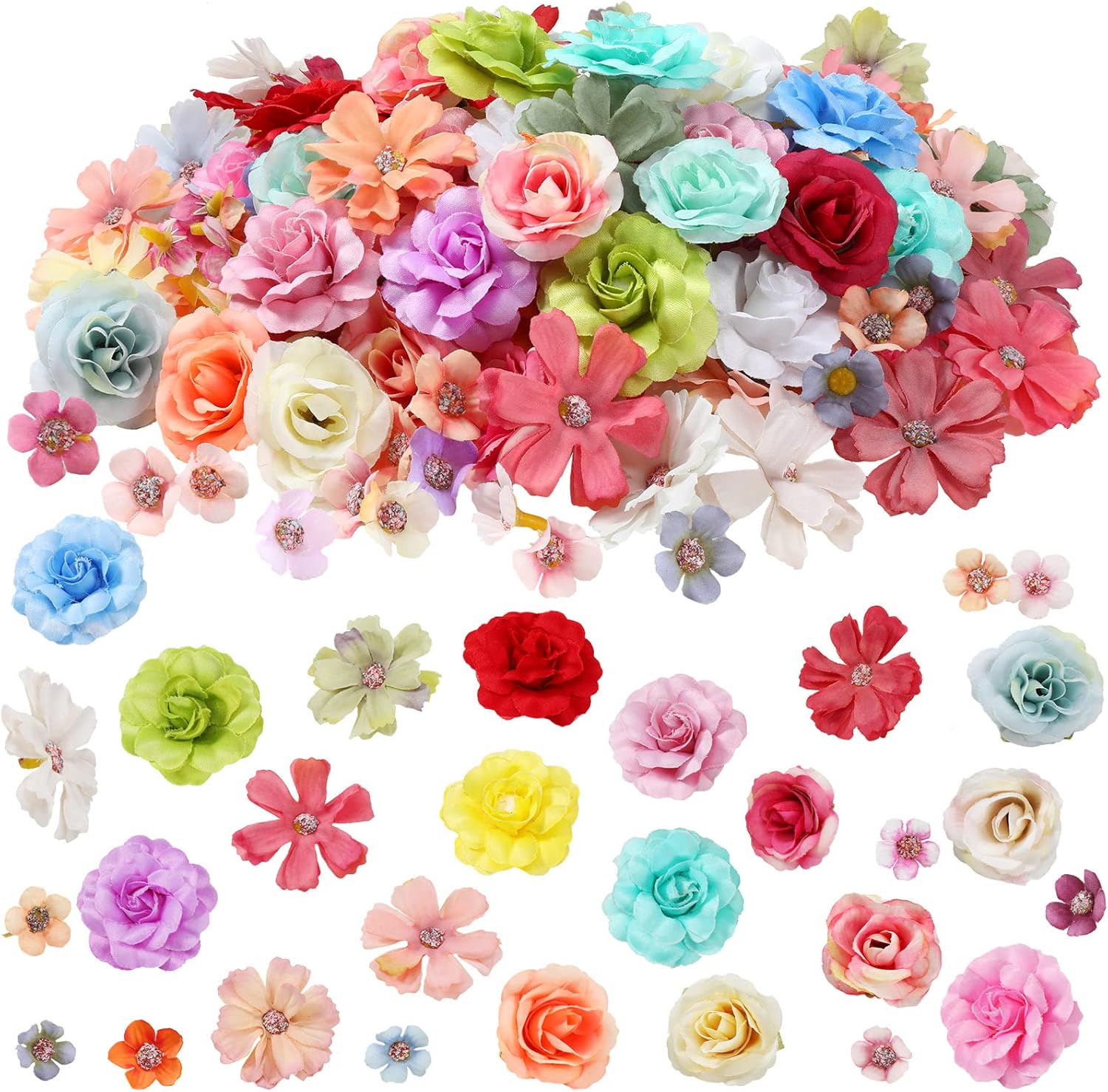 Hoteam 300 Pcs Spring Assorted Small Flower Decorative Fake Flower Heads Bulk Silk Artificial DIY Faux Mini Daisy Rose Plum Craft for Wedding Cake Mother's Day Party Wreath Home (Elegant)