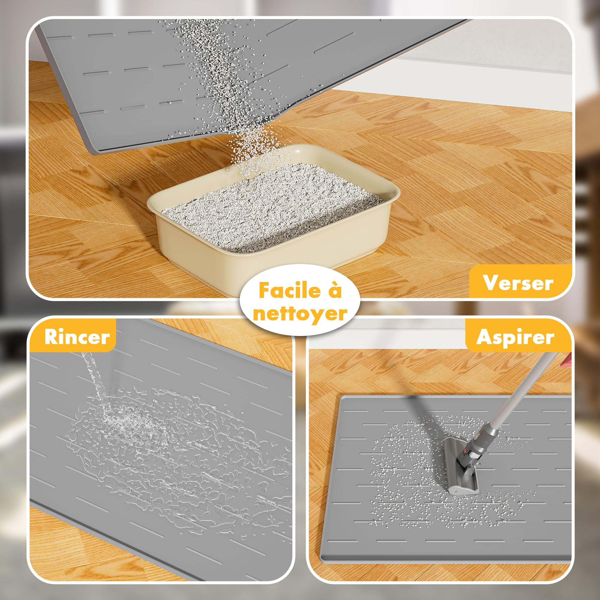 Pieviev Tapis Litière Chat Grand, 86x56cm Tapis pour Bac à Litière | Silicone, Ramasse & Piège le Sable, Anti-Urine, Lavable, Cat Litter Mat Large, Protège le Sol, Gris Clair