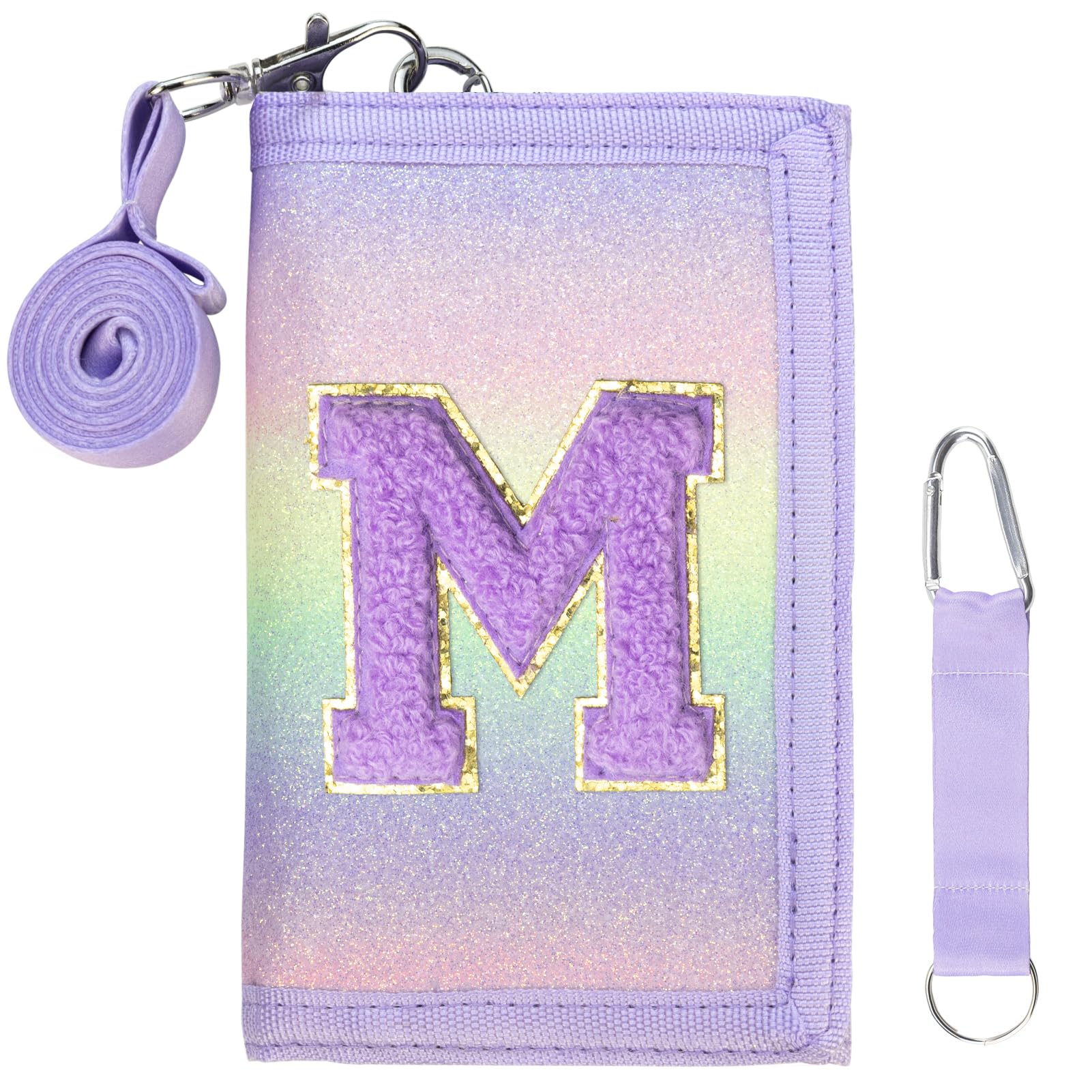 Kids Wallet Girls Trifold Initial Glitter Wallets with Zipper and Card Slots Including Neck Lanyard and Hanging Strap, Blue Purple, M-image-46
